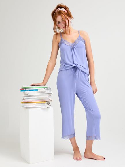Pretty You London Lace Trim Bamboo Rich Cropped Pyjama Set, Heather, Heather