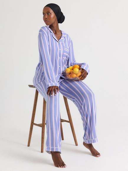 Pretty You London Stripe Bamboo Rich Long Pyjama Set, Heather, Heather