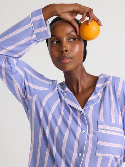 Pretty You London Stripe Bamboo Rich Long Pyjama Set, Heather - view 2, Heather