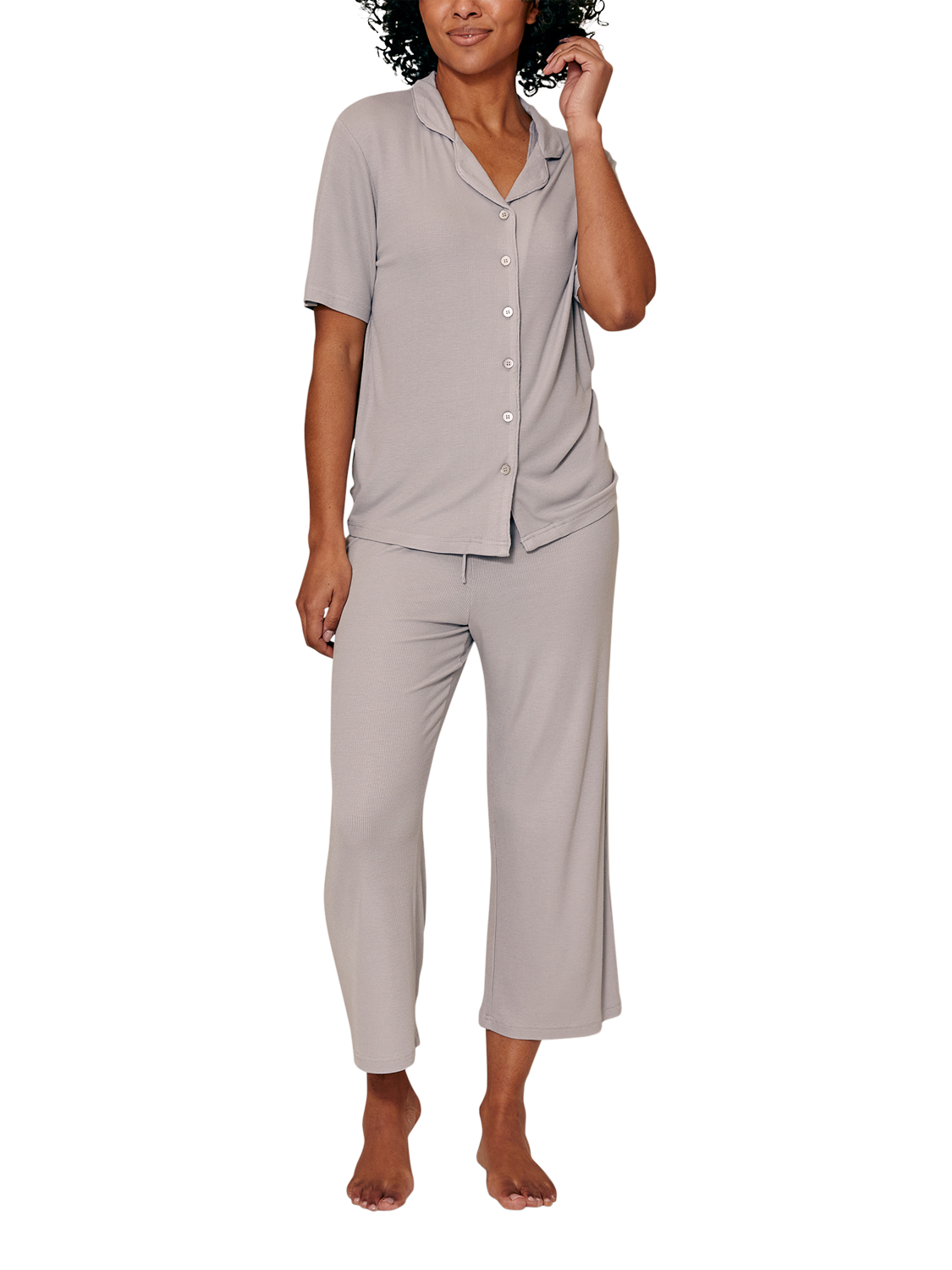 Product image 1 of 4, which shows Pretty You London Ribbed Cropped Pyjama Set, Grey, 8