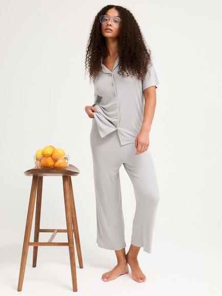 Pretty You London Ribbed Cropped Pyjama Set, Grey