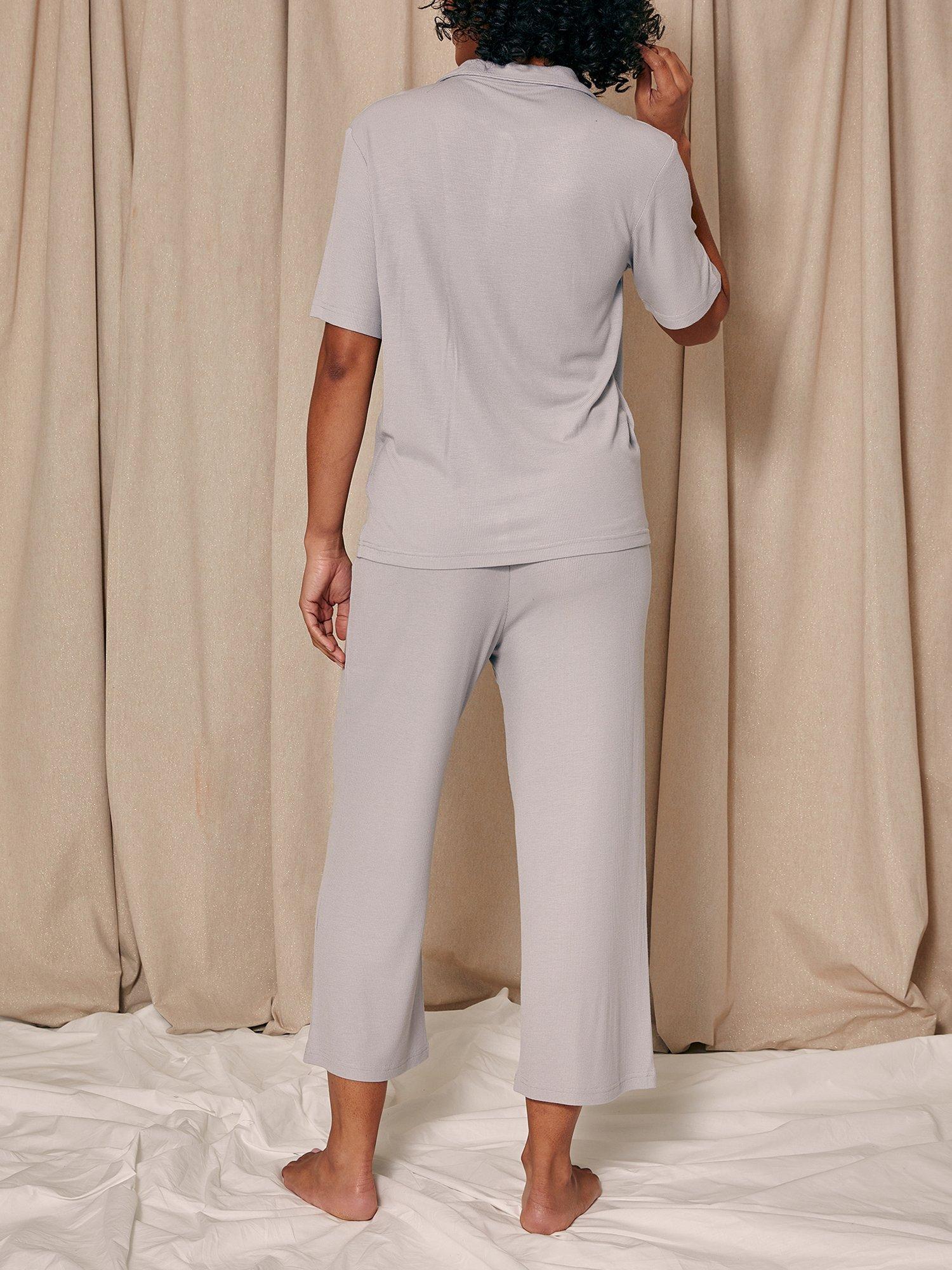 Product image 3 of 4, which shows Pretty You London Ribbed Cropped Pyjama Set, Grey, 8
