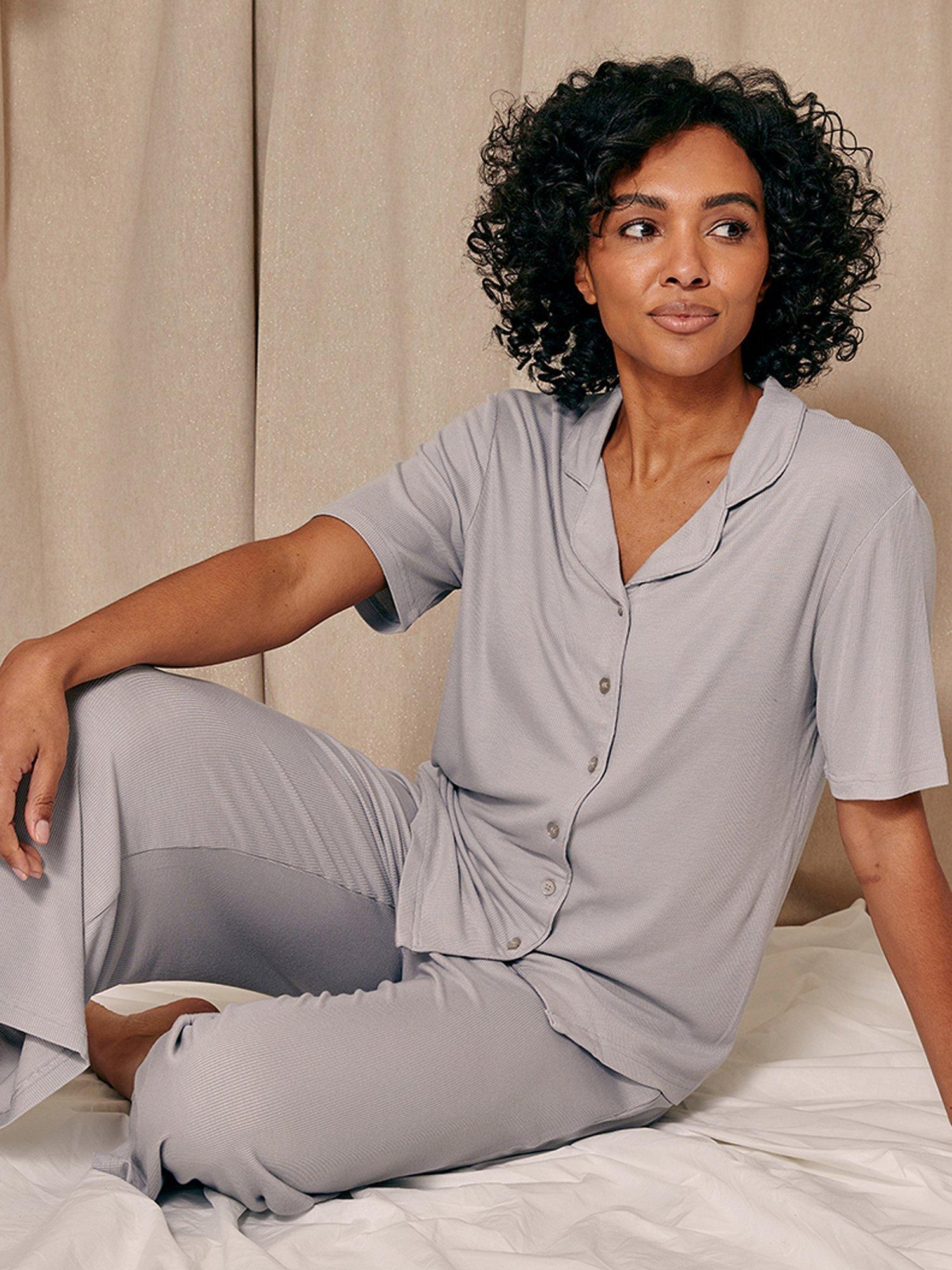 Product image 4 of 4, which shows Pretty You London Ribbed Cropped Pyjama Set, Grey, 8