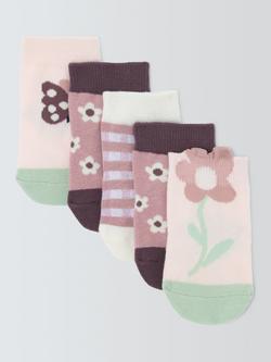 John Lewis Baby Floral Socks, Pack of 5, Purple, Purple