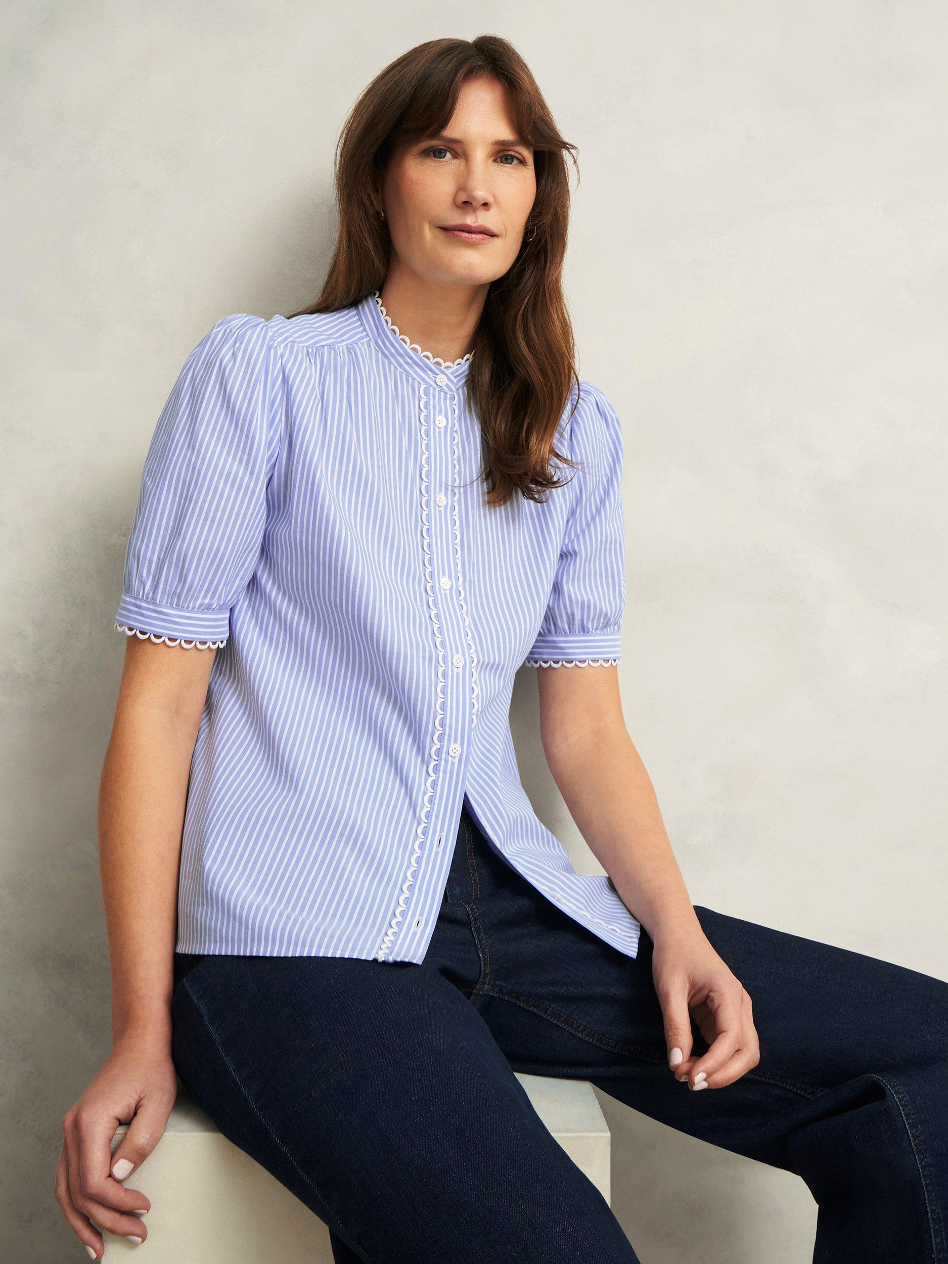 Product image 1 of 6, which shows Hobbs Charley Stripe Scallop Trim Shirt, Blue/Ivory, 12