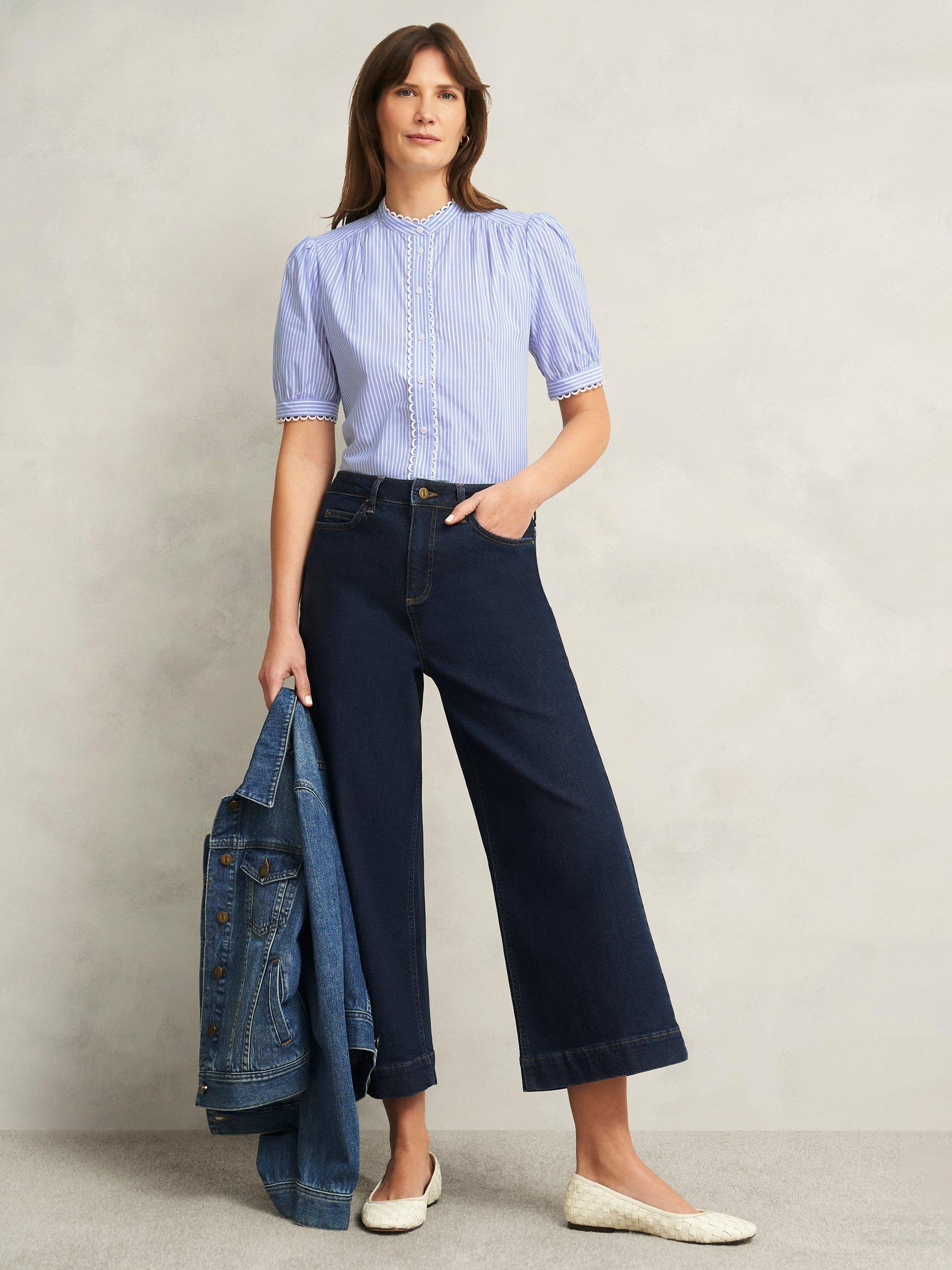 Product image 2 of 6, which shows Hobbs Charley Stripe Scallop Trim Shirt, Blue/Ivory, 12