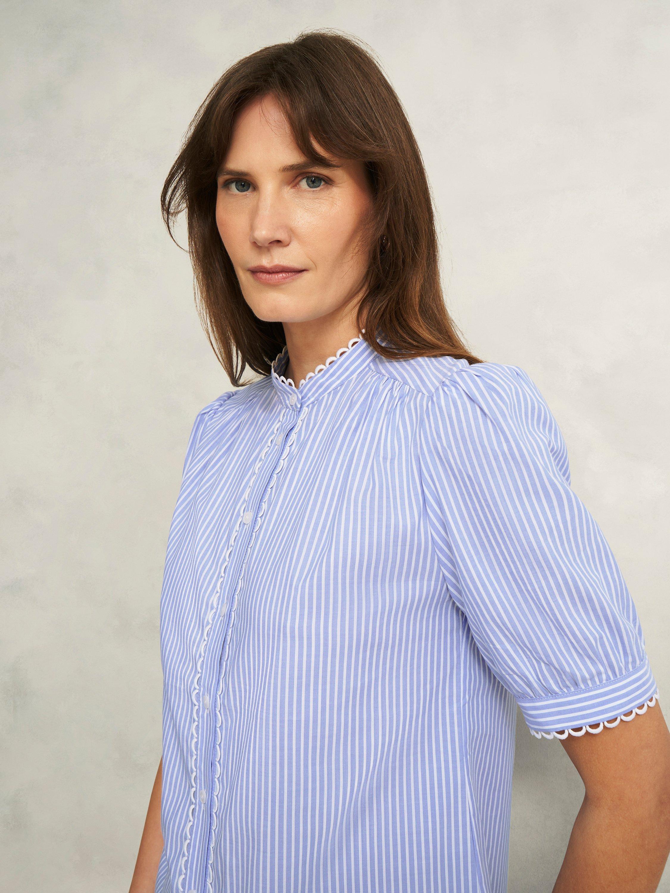 Product image 3 of 6, which shows Hobbs Charley Stripe Scallop Trim Shirt, Blue/Ivory, 12
