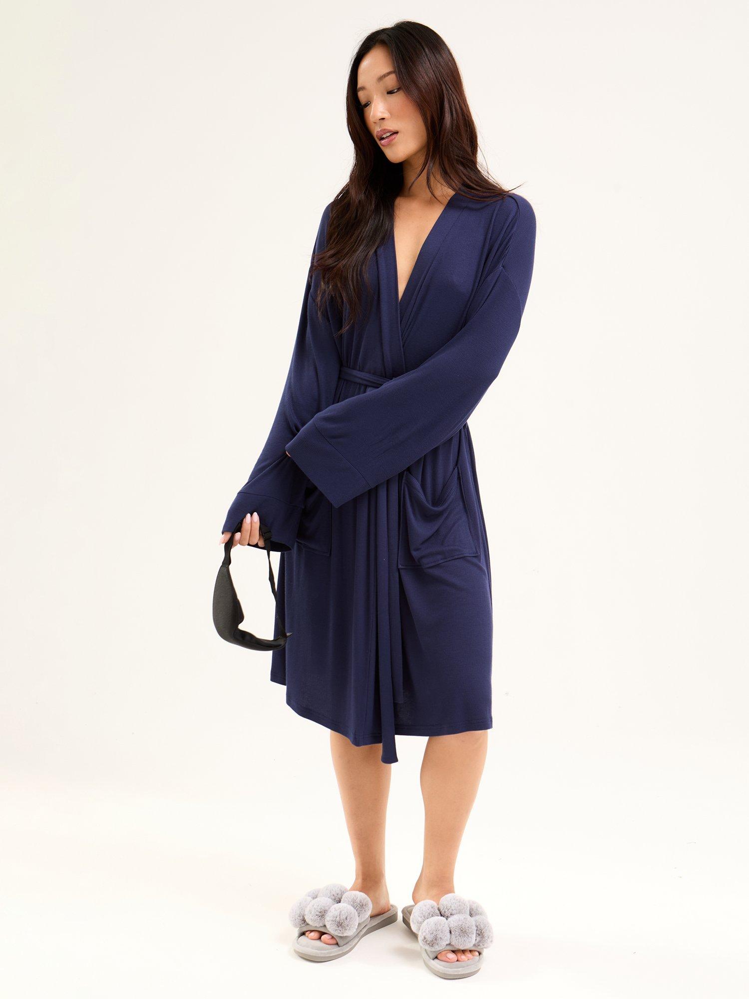 Product image 1 of 4, which shows Pretty You London Ribbed Dressing Gown, Midnight, S-M