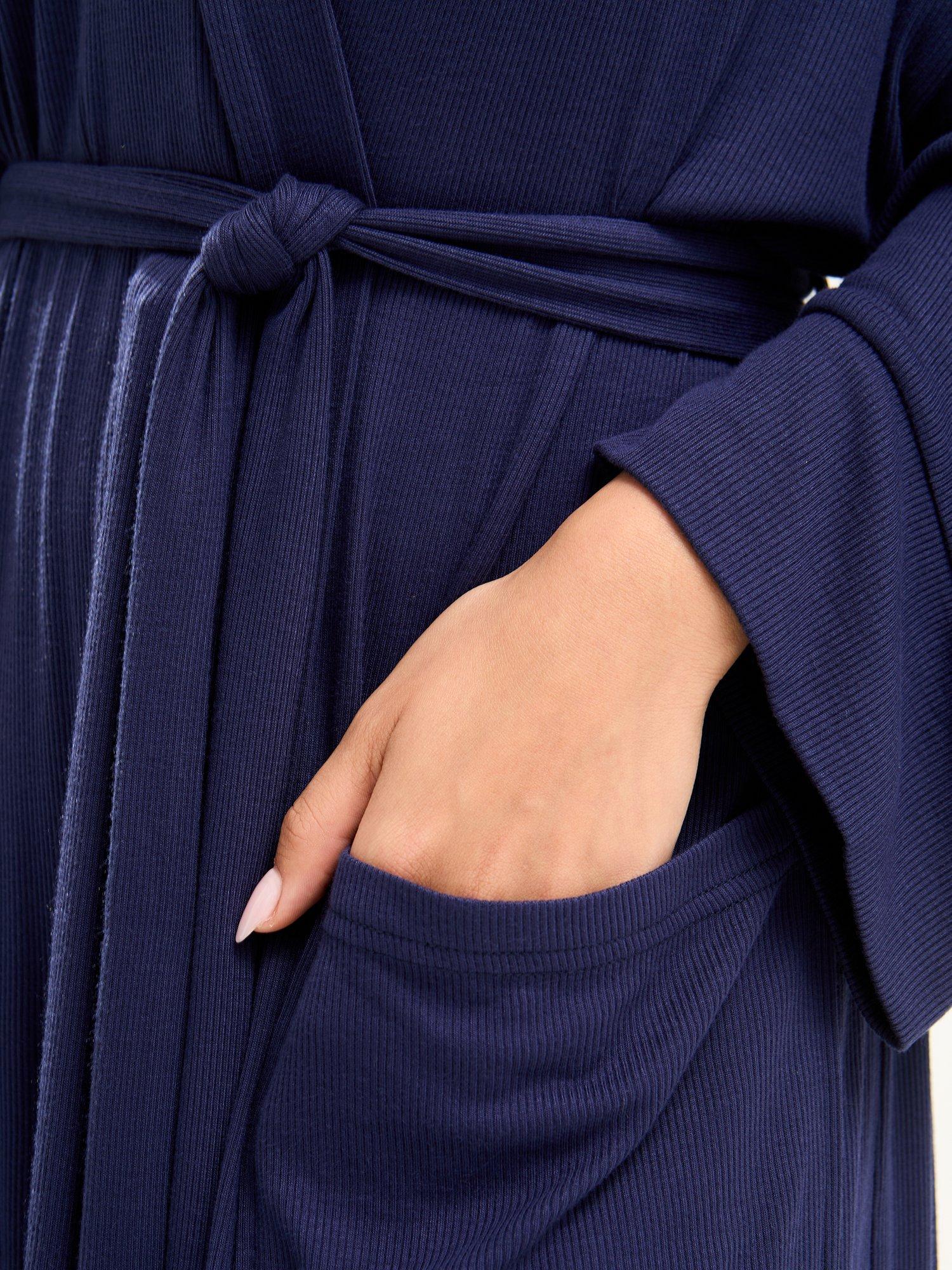 Product image 2 of 4, which shows Pretty You London Ribbed Dressing Gown, Midnight, S-M