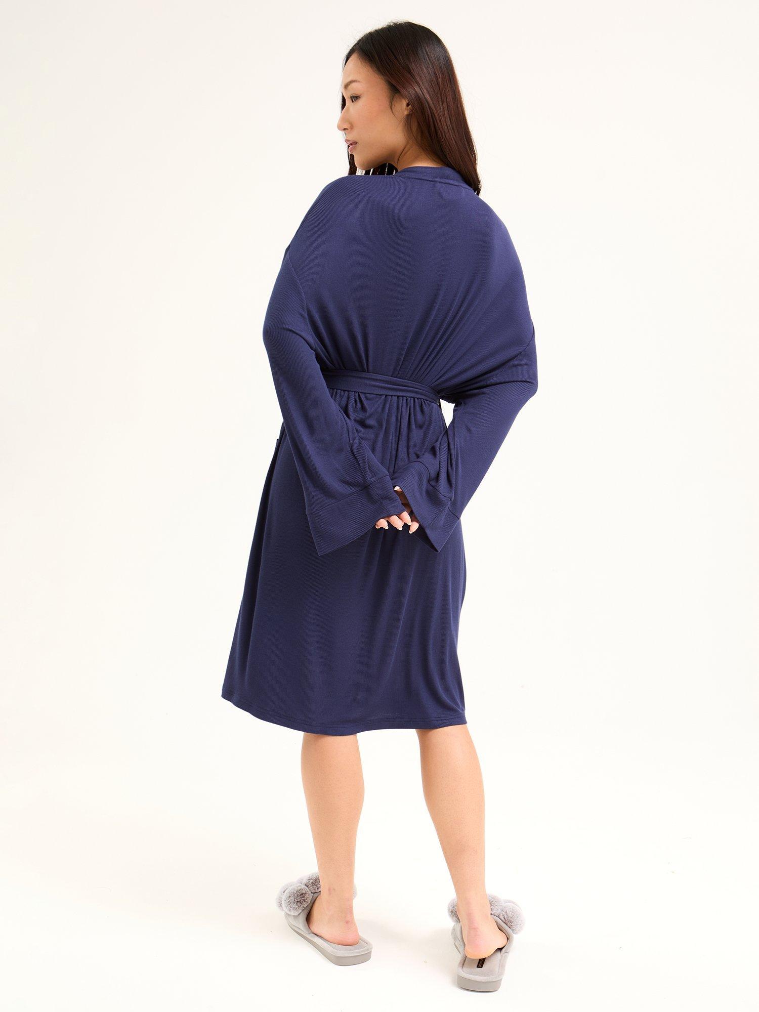 Product image 3 of 4, which shows Pretty You London Ribbed Dressing Gown, Midnight, S-M