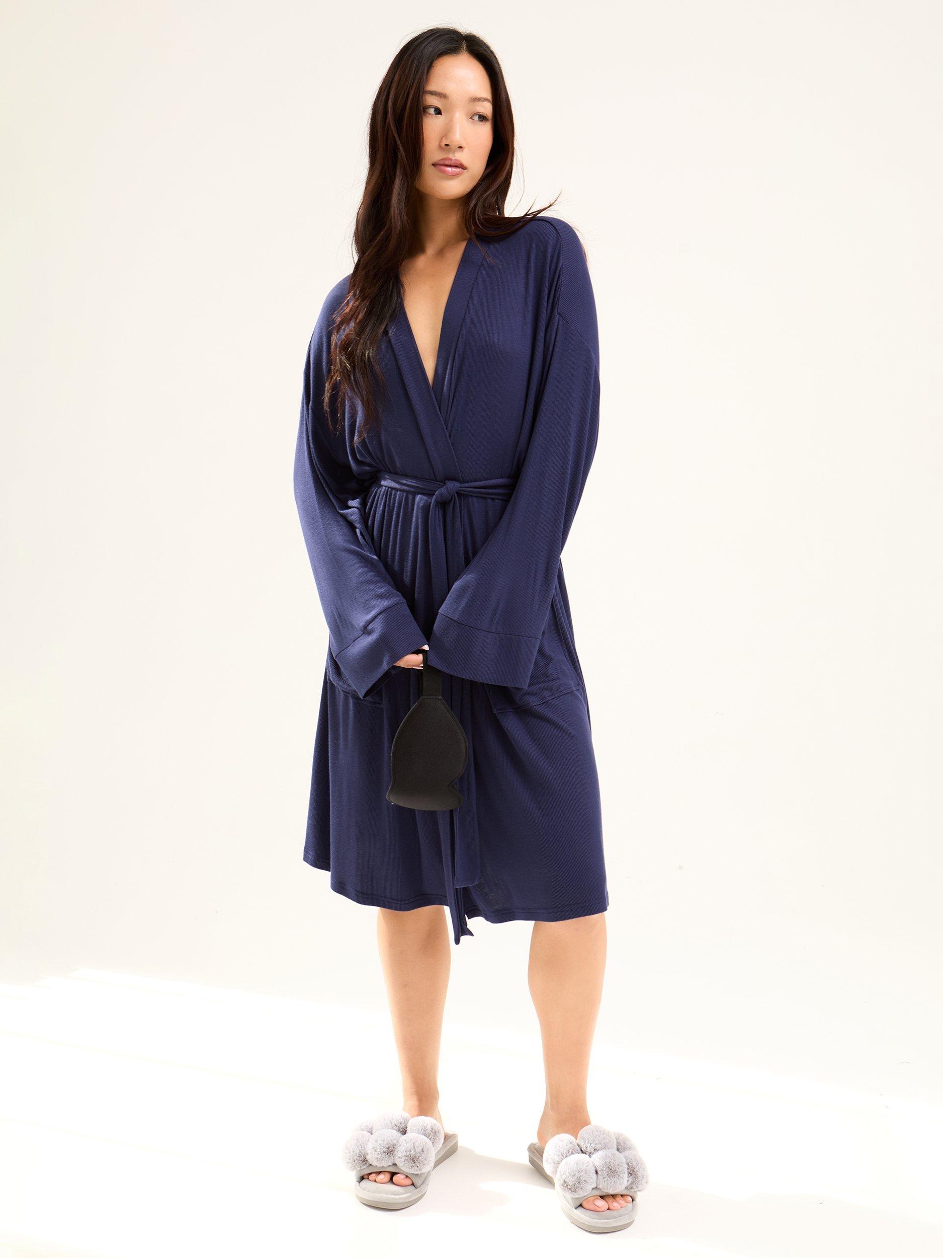 Product image 4 of 4, which shows Pretty You London Ribbed Dressing Gown, Midnight, S-M