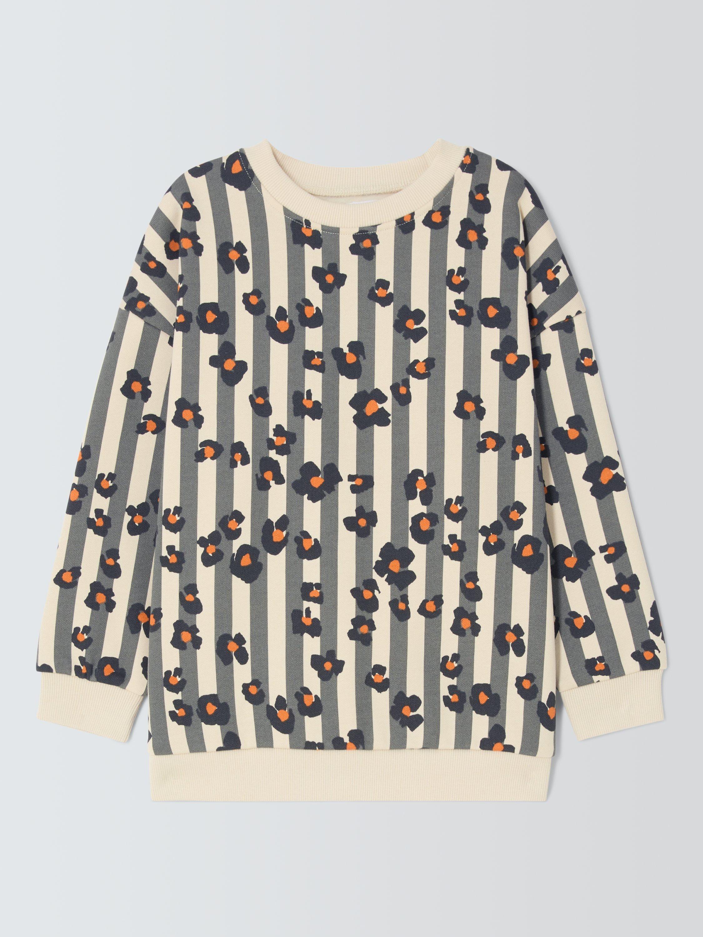 Product image 1 of 3, which shows John Lewis Kids' Leopard Print Stripe Sweatshirt, Grey Stripe, 3 years