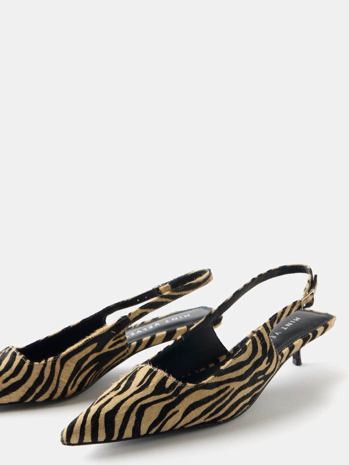 Product image 5 of 5, which shows Mint Velvet Zebra Print Leather Kitten Heel Slingback Court Shoes, Natural Cream, 4