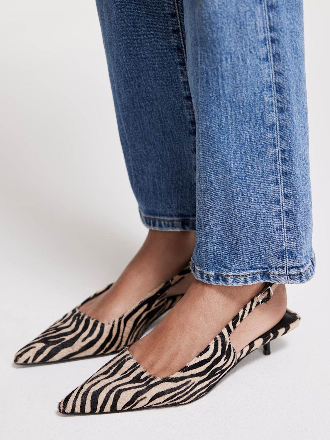 Product image 2 of 5, which shows Mint Velvet Zebra Print Leather Kitten Heel Slingback Court Shoes, Natural Cream, 4