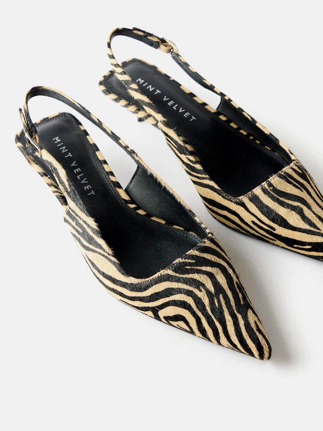 Product image 4 of 5, which shows Mint Velvet Zebra Print Leather Kitten Heel Slingback Court Shoes, Natural Cream, 4