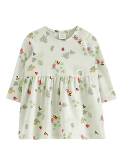 Lindex Kids' Summer Woodland Print Long Sleeve Dress, Light Dusty Green, Light Dusty Green