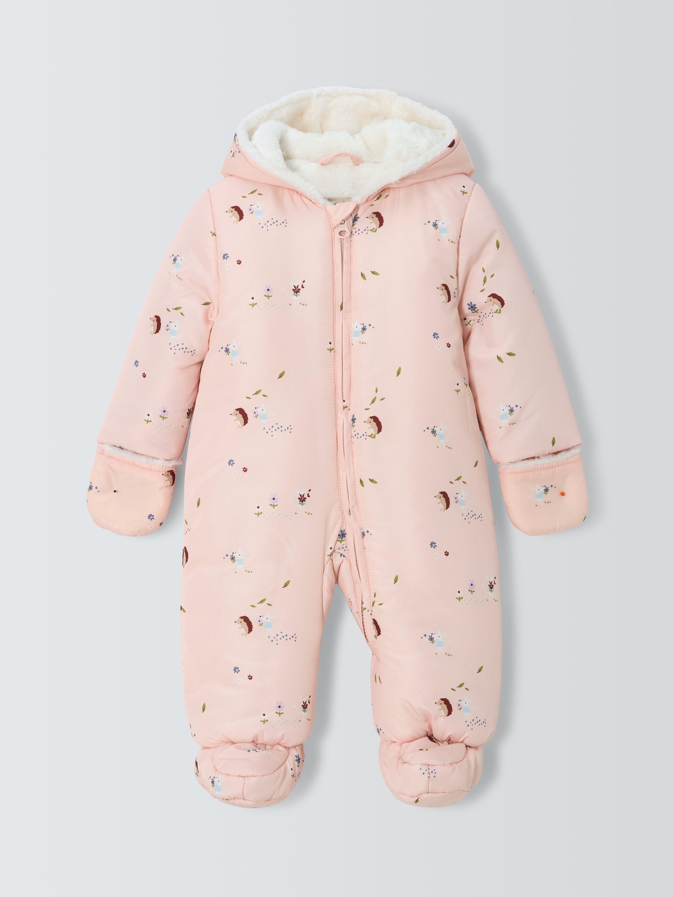 Product image 1 of 3, which shows John Lewis Baby Hedgehog Print Snowsuit, Pink, Newborn