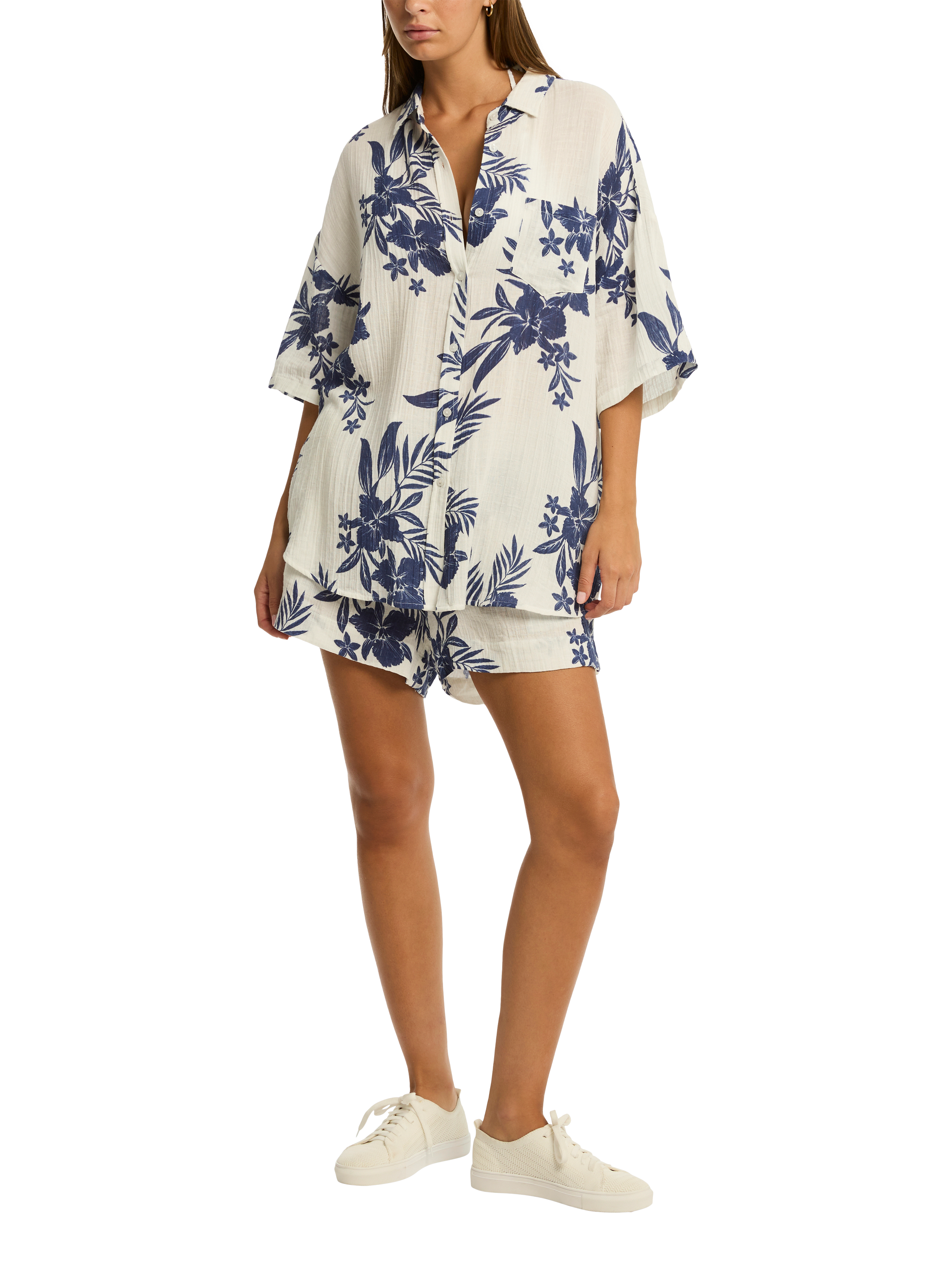 Product image 1 of 4, which shows Sea Level Aloha Shirt 1, White/Blue, XS