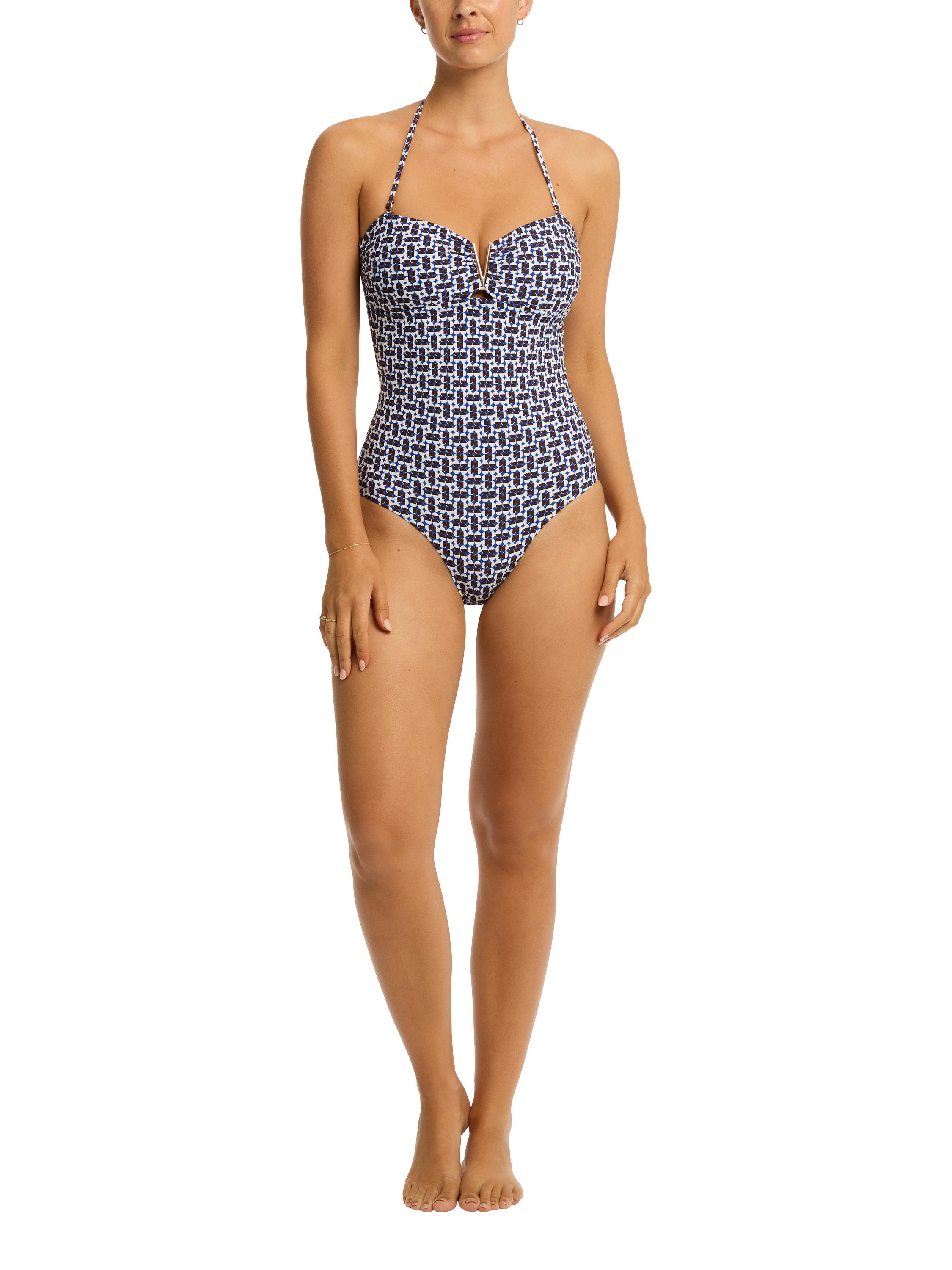 Product image 1 of 5, which shows Sea Level Coast Bandeau Swimsuit, Cobalt/White, 8