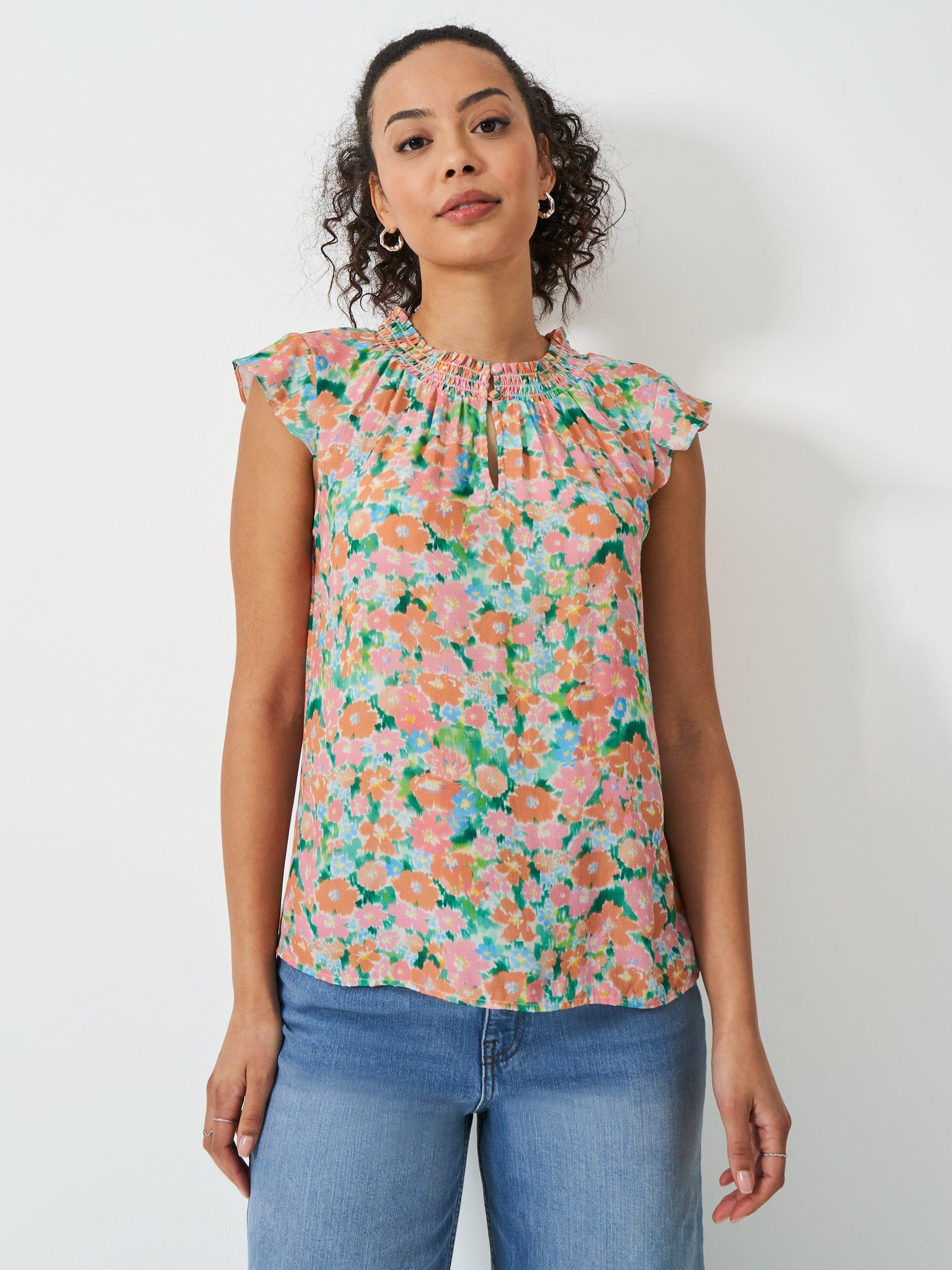 Product image 1 of 5, which shows Crew Clothing Floral Gathered Neck Blouse, Multi, 6