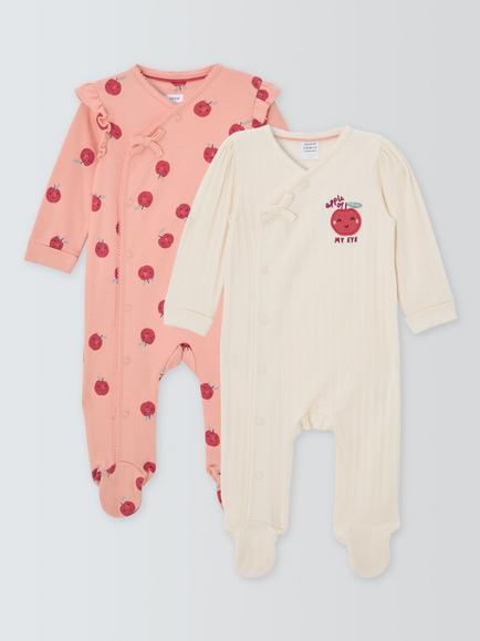 John Lewis Baby Apple Sleepsuits, Pack of 2, White/Multi, White Multi