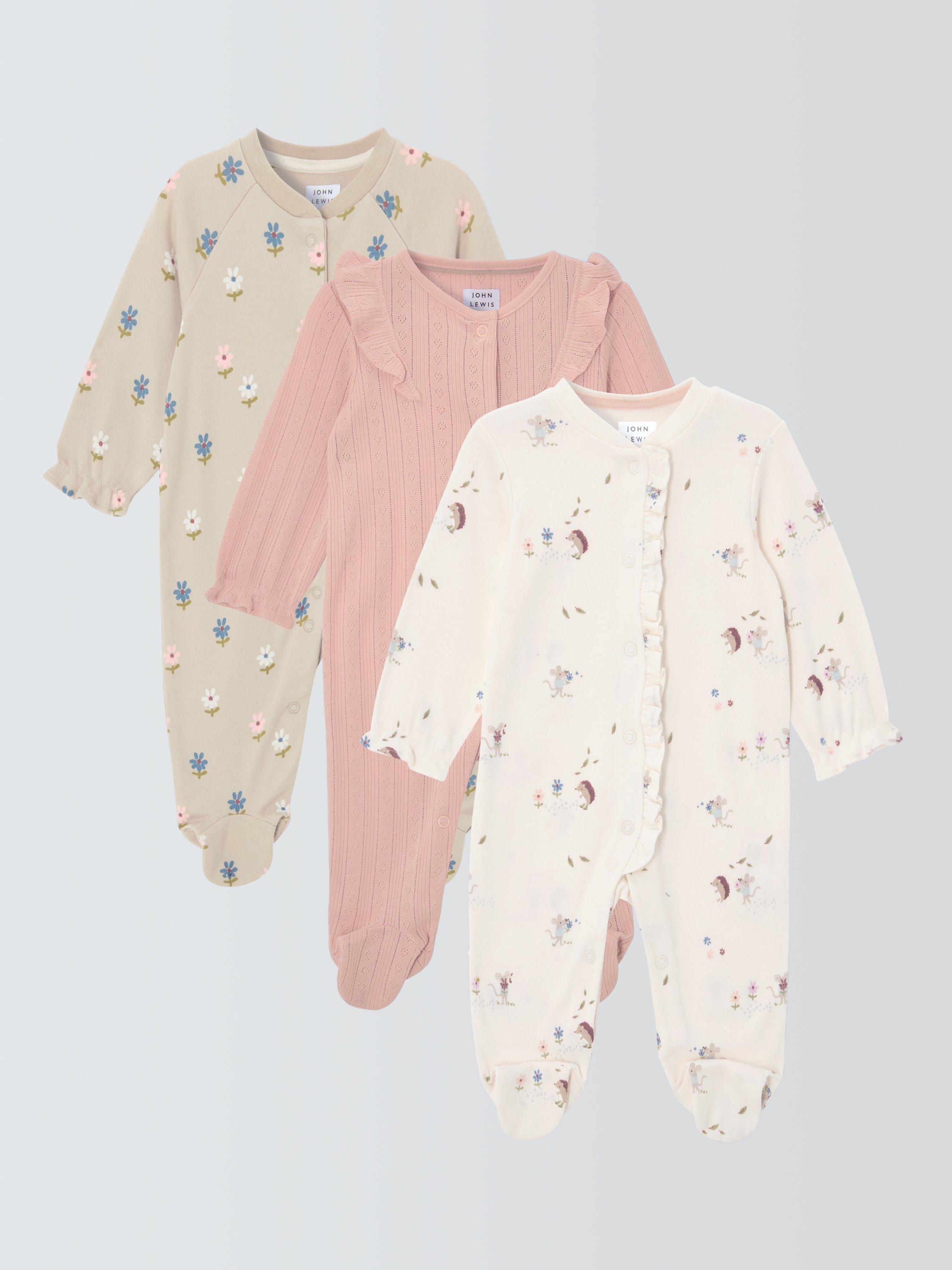 Product image 1 of 3, which shows John Lewis Baby Pointelle Sleepsuits, Pack of 3, Pink Multi, Newborn