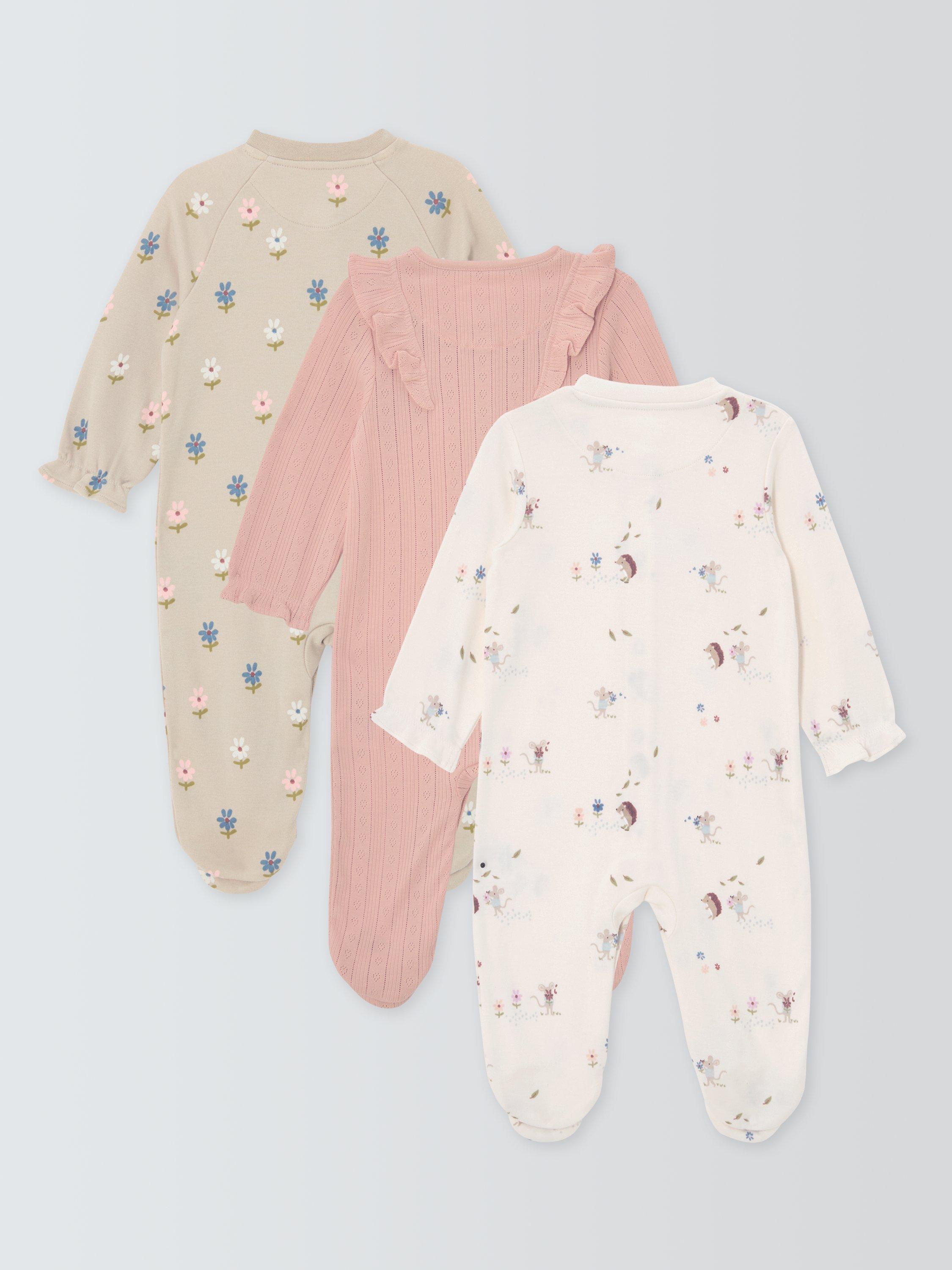 Product image 2 of 3, which shows John Lewis Baby Pointelle Sleepsuits, Pack of 3, Pink Multi, Newborn
