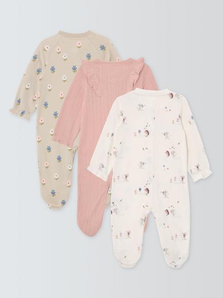John Lewis Baby Pointelle Sleepsuits, Pack of 3, Pink Multi - view 2, Pink Multi