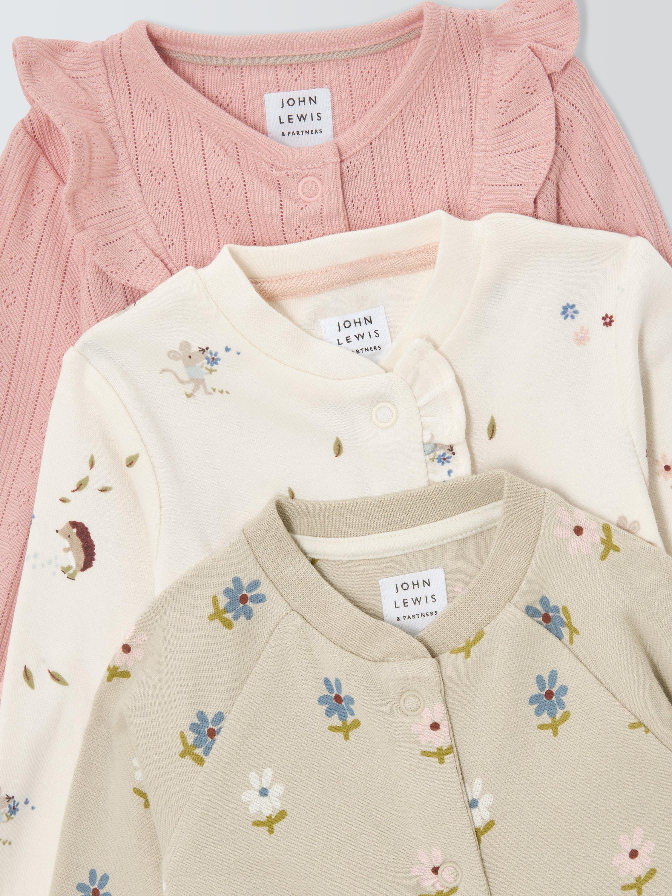 Product image 3 of 3, which shows John Lewis Baby Pointelle Sleepsuits, Pack of 3, Pink Multi, Newborn
