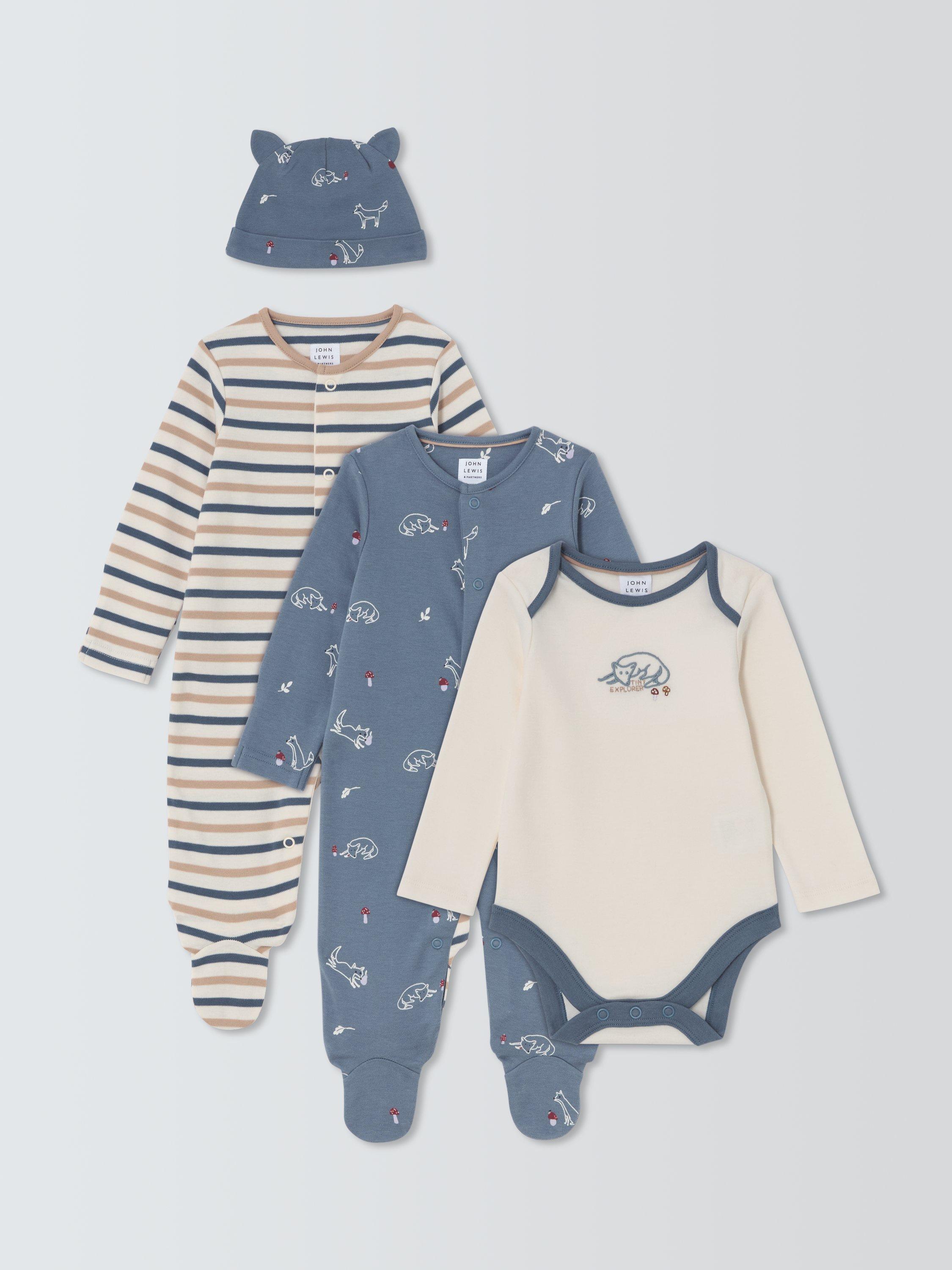 Product image 1 of 3, which shows John Lewis Baby Fox Sleepsuit Home From Hospital Set, Blue Multi, Tiny years