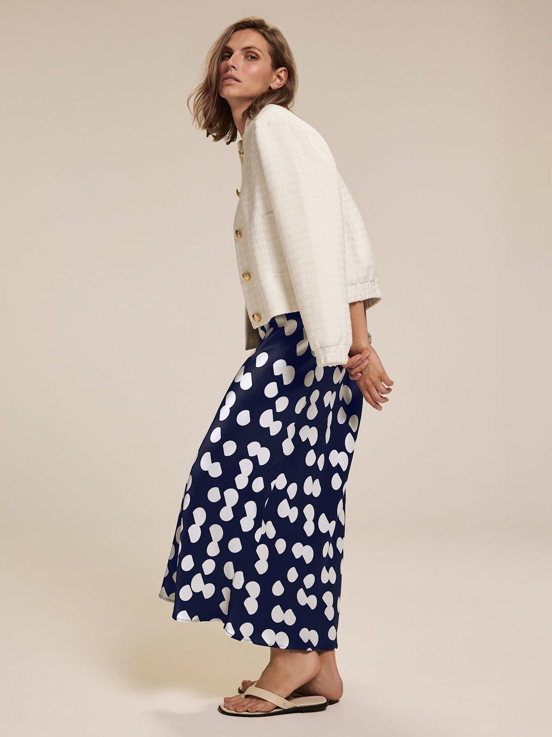 Product image 2 of 7, which shows Mint Velvet Polka Dot Satin Skirt, Navy/Multi, XS