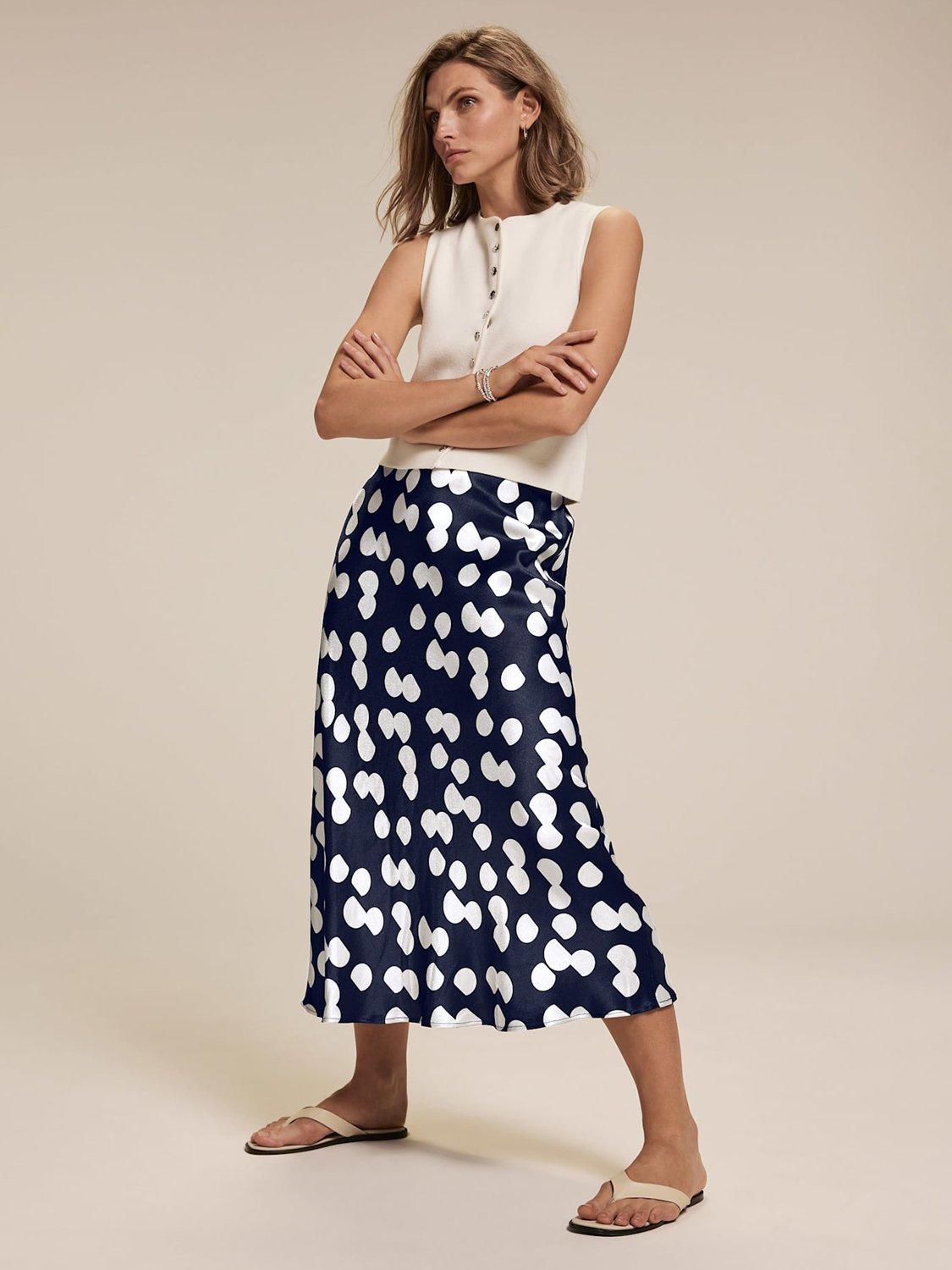 Product image 3 of 7, which shows Mint Velvet Polka Dot Satin Skirt, Navy/Multi, XS