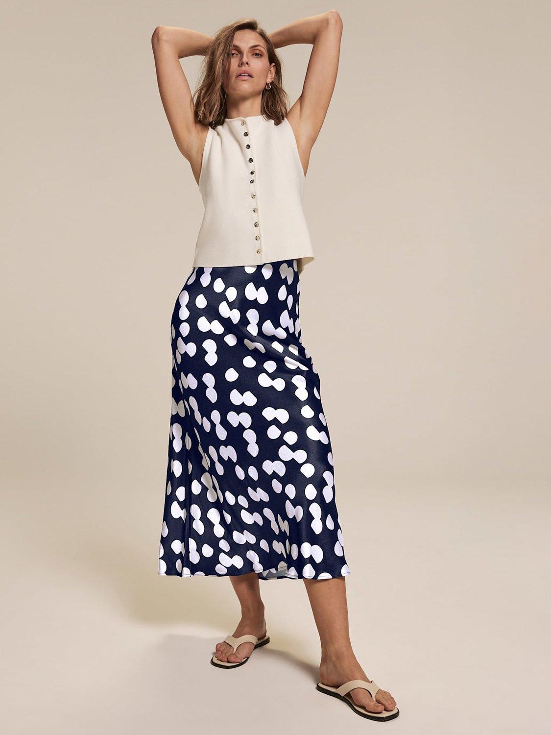 Product image 5 of 7, which shows Mint Velvet Polka Dot Satin Skirt, Navy/Multi, XS