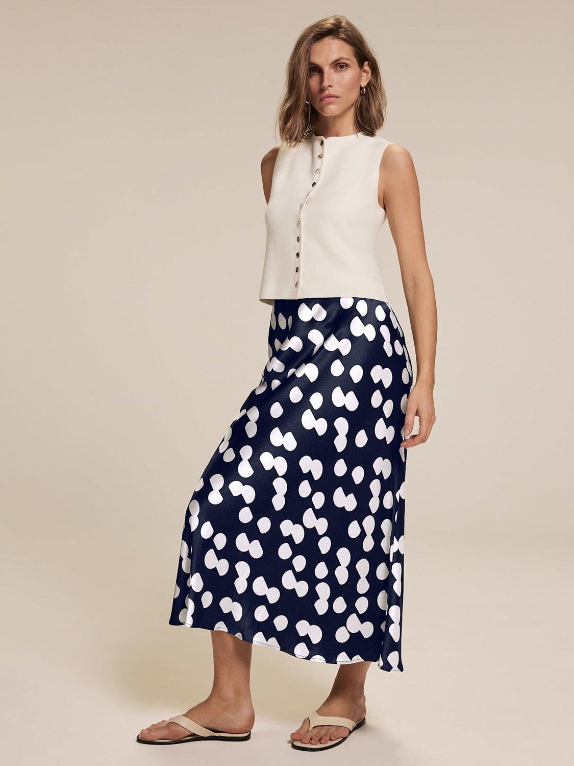 Product image 6 of 7, which shows Mint Velvet Polka Dot Satin Skirt, Navy/Multi, XS