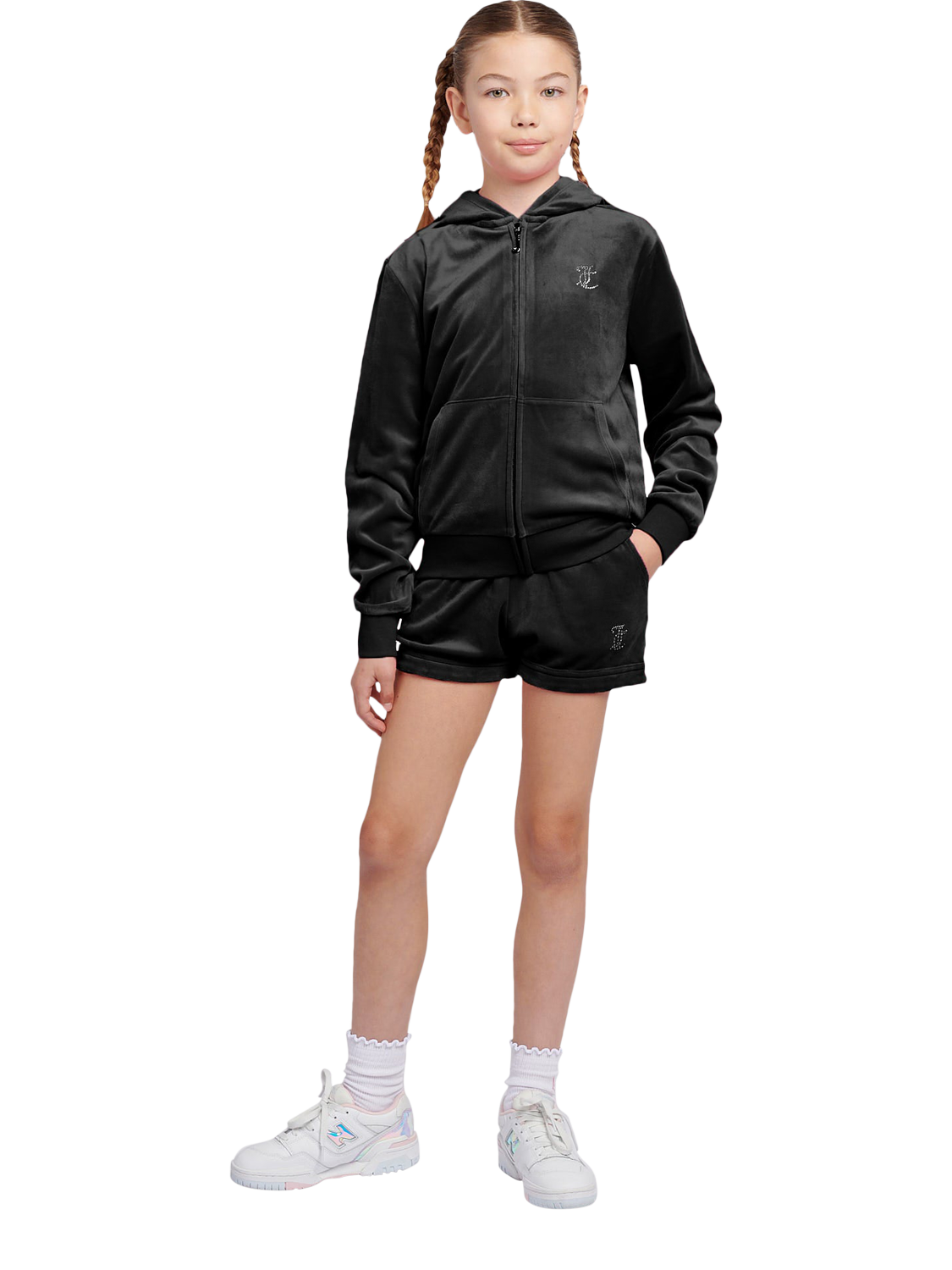 Product image 2 of 7, which shows Juicy Couture Kids' Velour Fold Up Shorts, Jet Black, 7-8 years