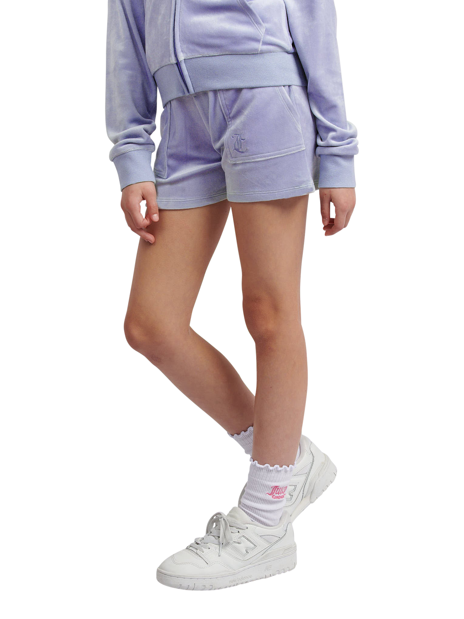 Product image 1 of 6, which shows Juicy Couture Kids' Tonal Embroidered Velour Shorts, Jacaranda, 7-8 years