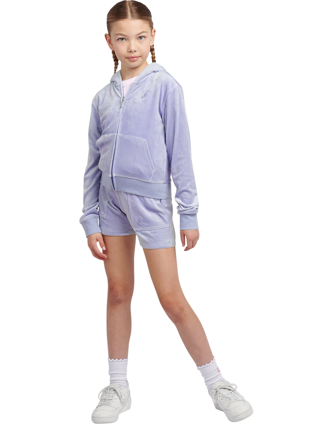 Product image 2 of 6, which shows Juicy Couture Kids' Tonal Embroidered Velour Shorts, Jacaranda, 7-8 years