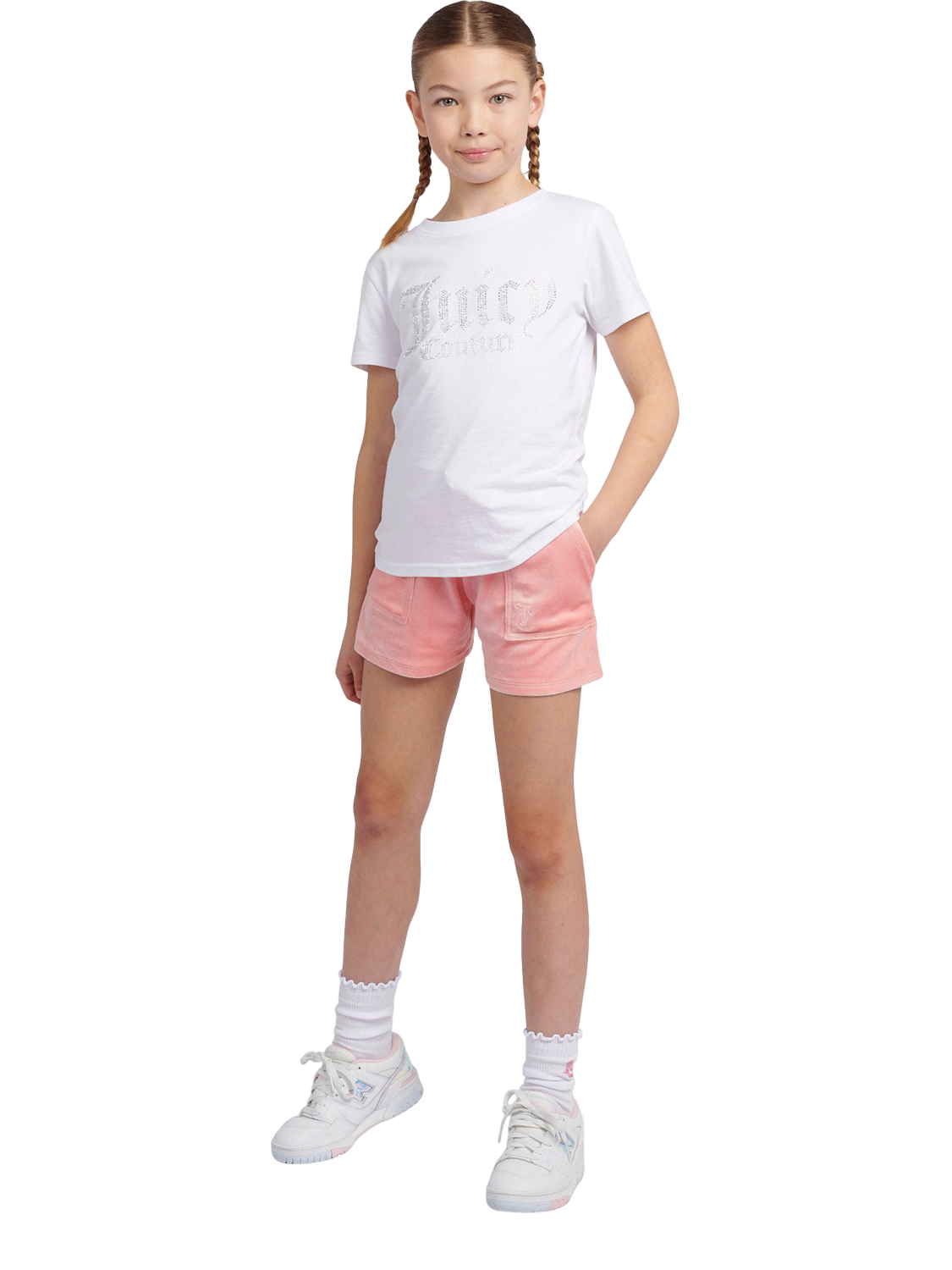 Product image 2 of 7, which shows Juicy Couture Kids' Tonal Embroidered Velour Shorts, Peach Blossom, 7-8 years