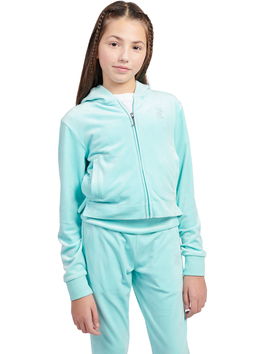 Product image 1 of 8, which shows Juicy Couture Kids' Arch Zip Hoodie, Angel Blue, 7-8 years
