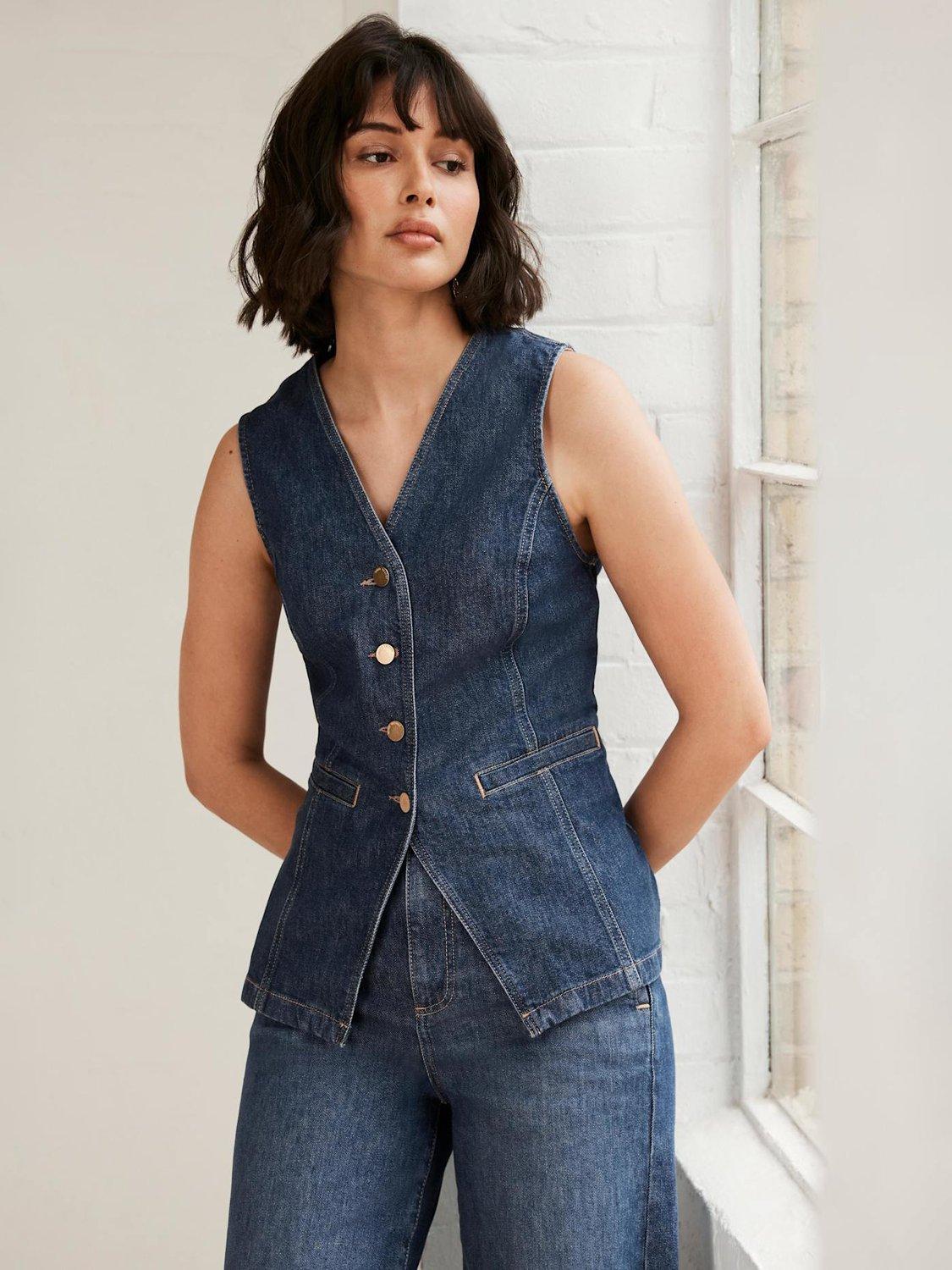 Product image 1 of 7, which shows Mint Velvet High Neck Denim Waistcoat, Blue, L