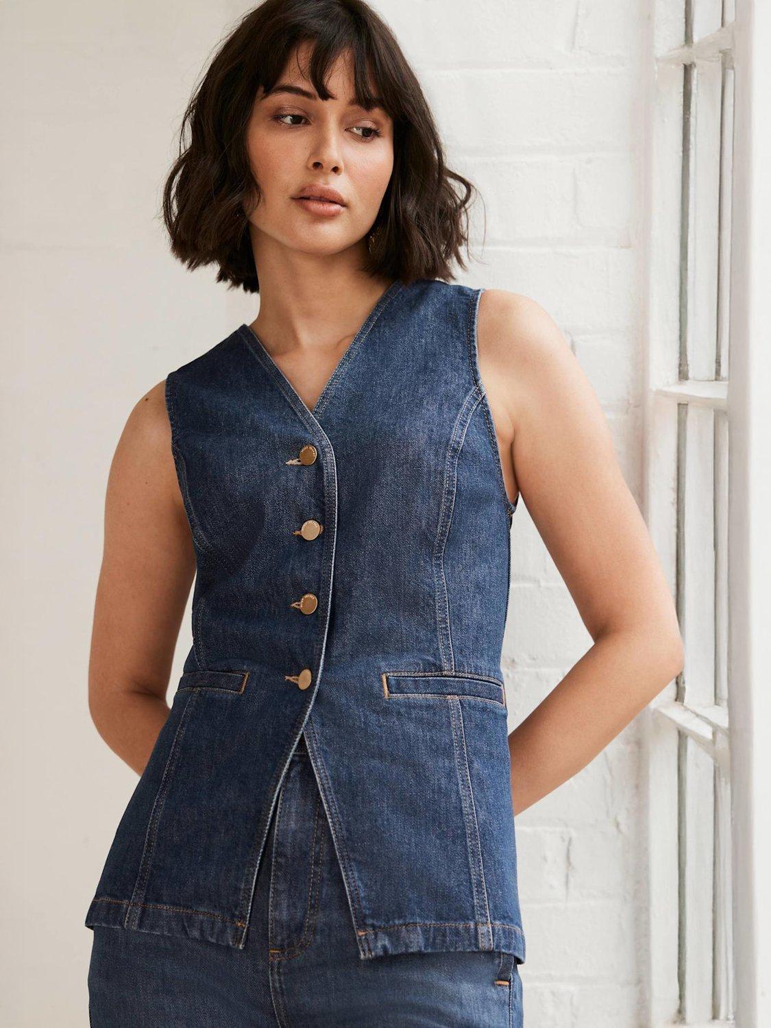 Product image 2 of 7, which shows Mint Velvet High Neck Denim Waistcoat, Blue, L