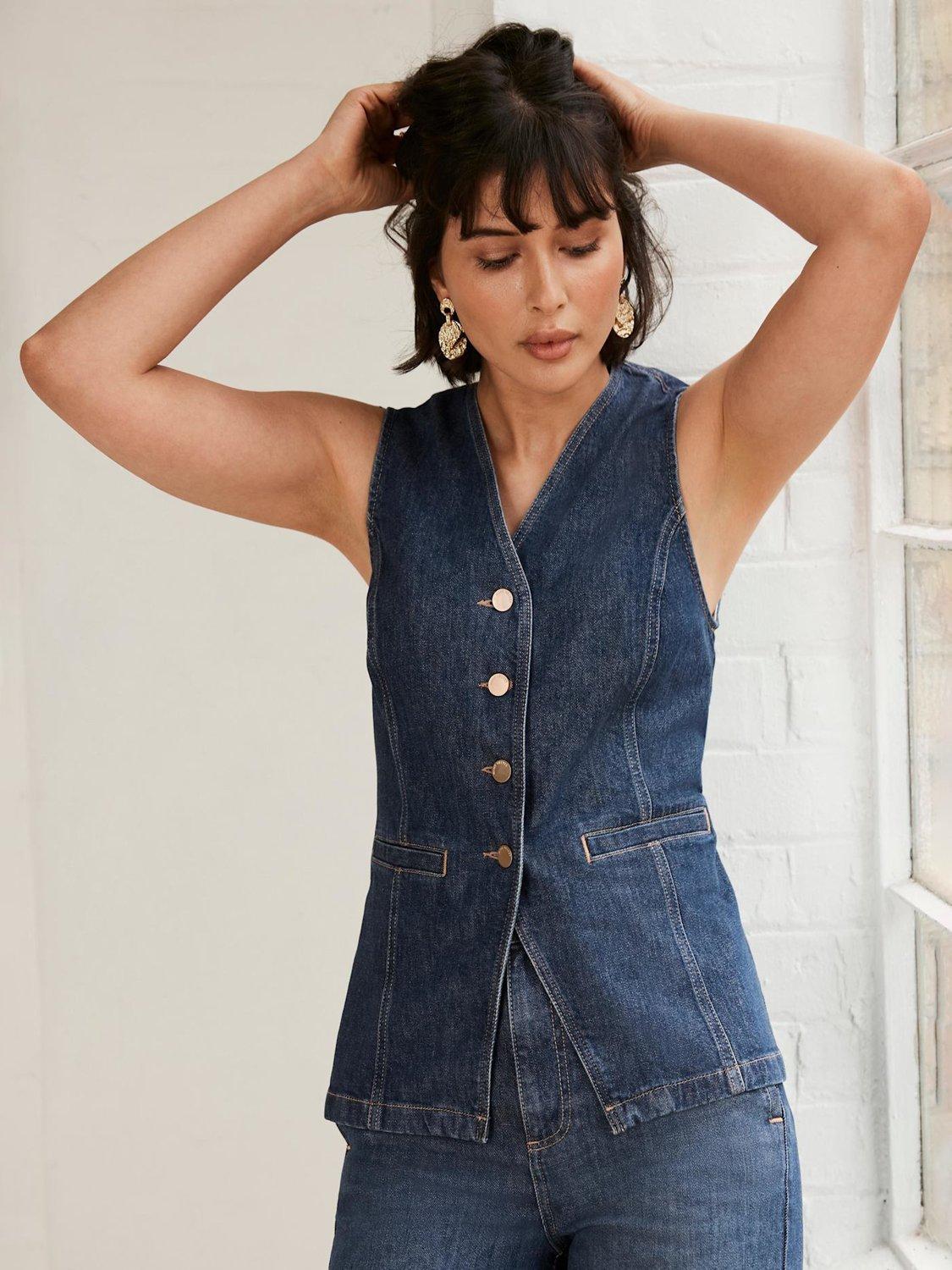 Product image 5 of 7, which shows Mint Velvet High Neck Denim Waistcoat, Blue, L