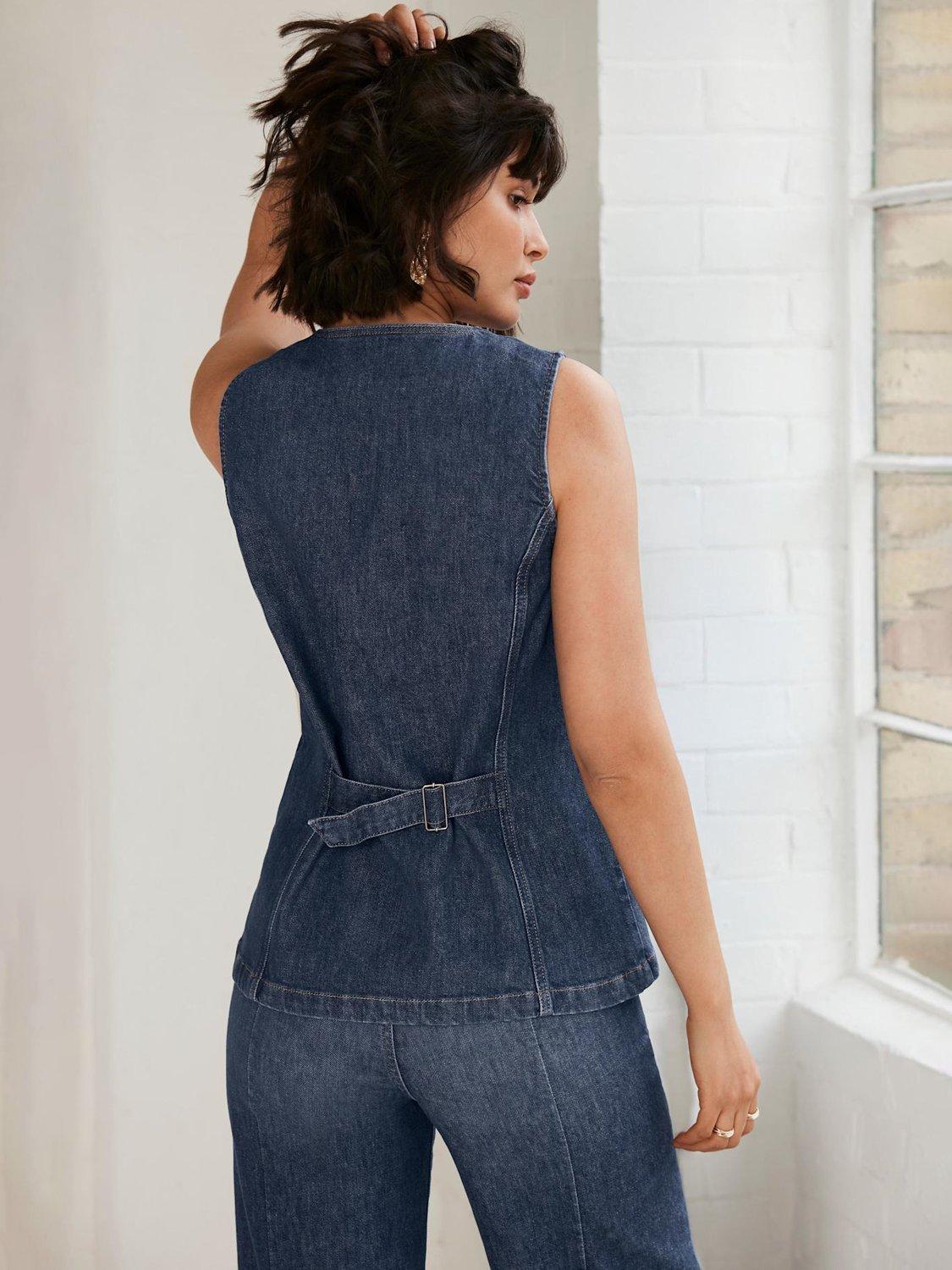 Product image 6 of 7, which shows Mint Velvet High Neck Denim Waistcoat, Blue, L