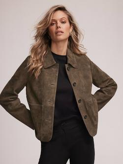 Mint Velvet Collared Suede Jacket, Khaki