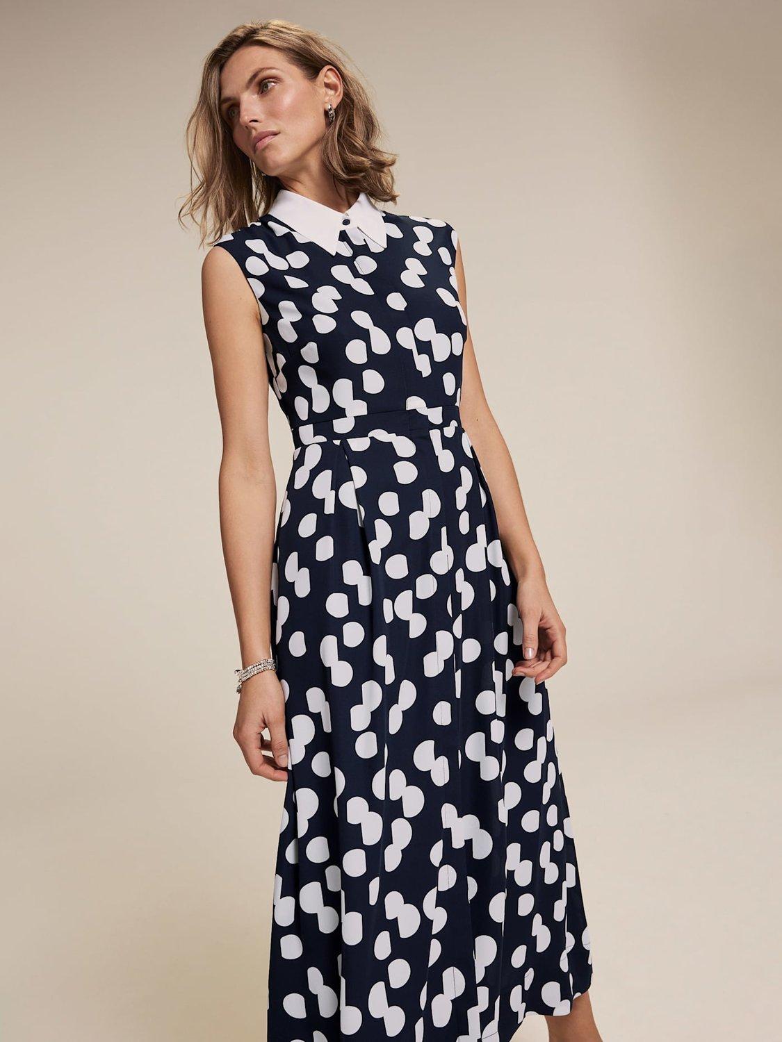 Product image 2 of 6, which shows Mint Velvet Polka Dot Midi Shirt Dress, Navy/Multi, 8