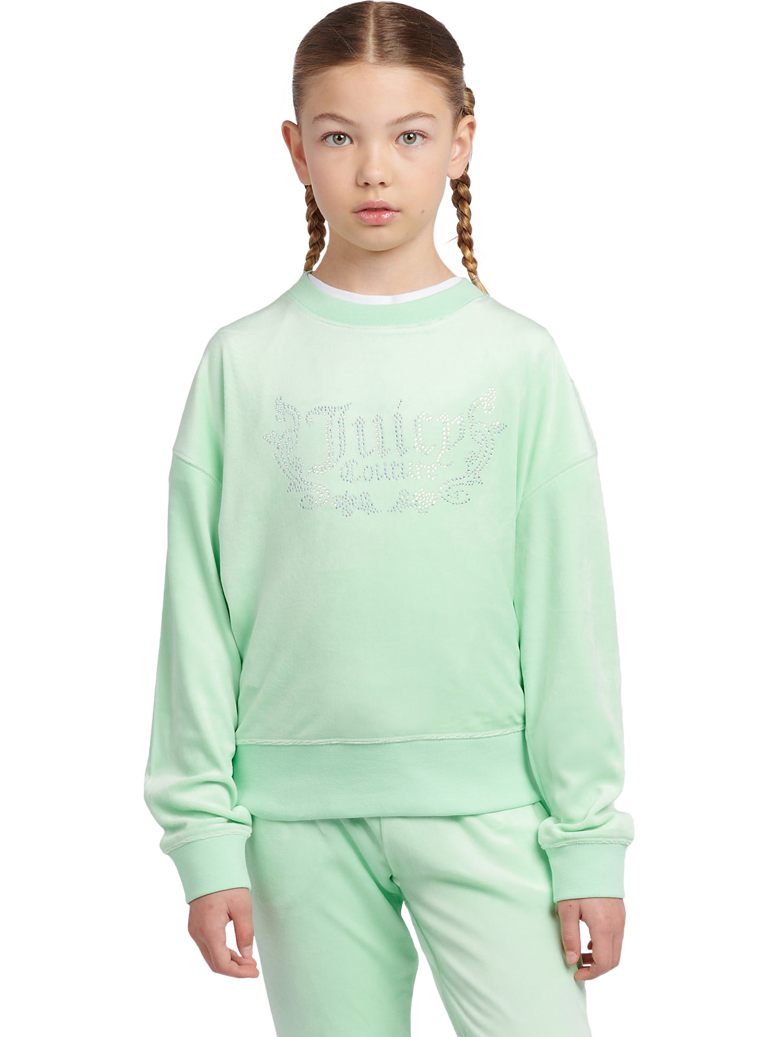 Product image 1 of 7, which shows Juicy Couture Kids' Logo Crew Neck Sweatshirt, Green Ash, 7-8 years