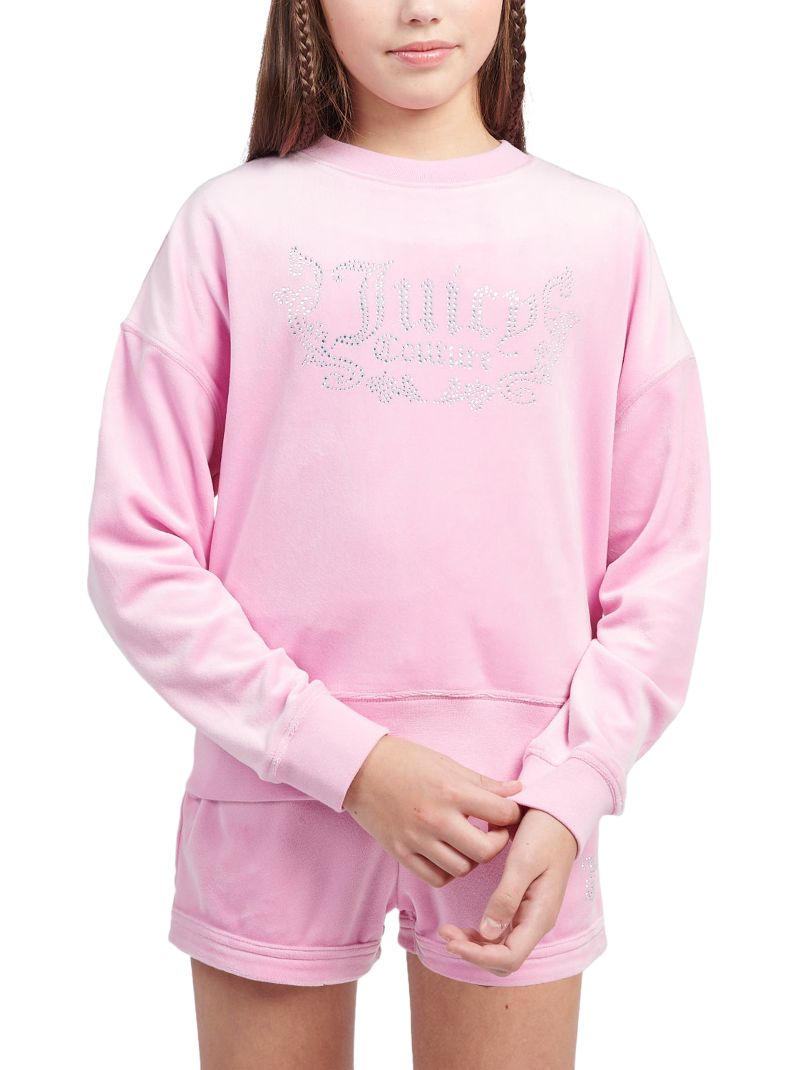Product image 1 of 6, which shows Juicy Couture Kids' Logo Crew Neck Sweatshirt, Pinky Lilac Chiffon, 7-8 years