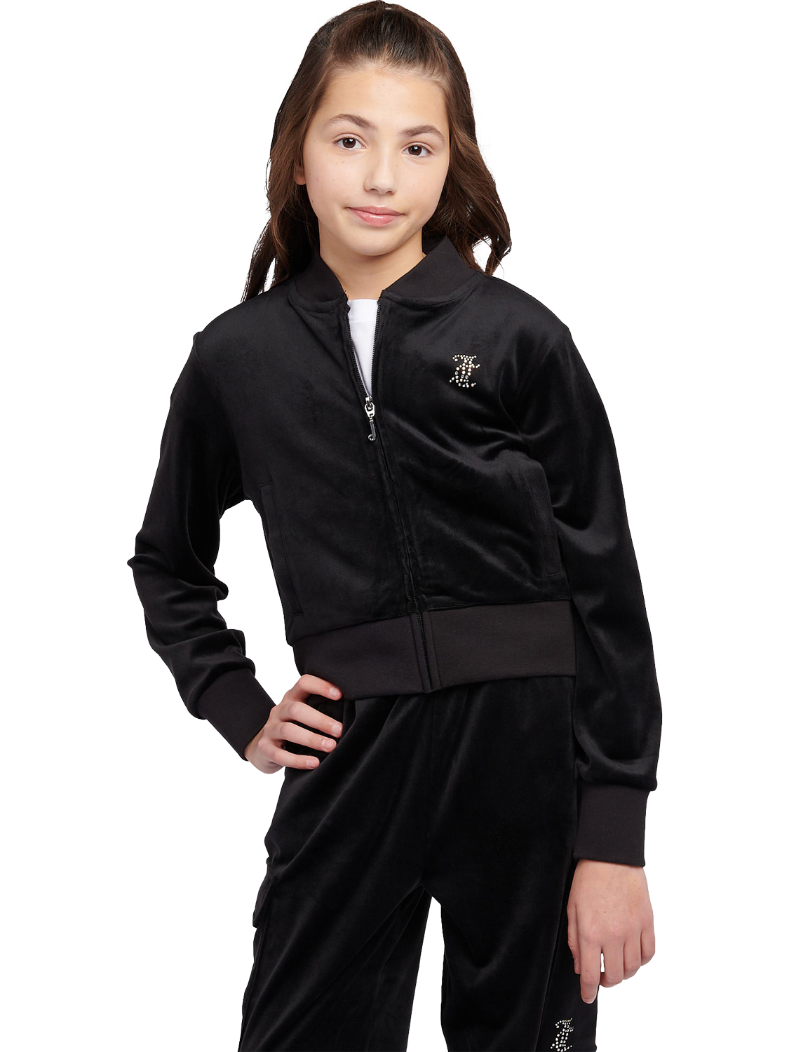 Product image 1 of 9, which shows Juicy Couture Kids' Velour Cropped Zip Through Sweatshirt, Jet Black, 7-8 years