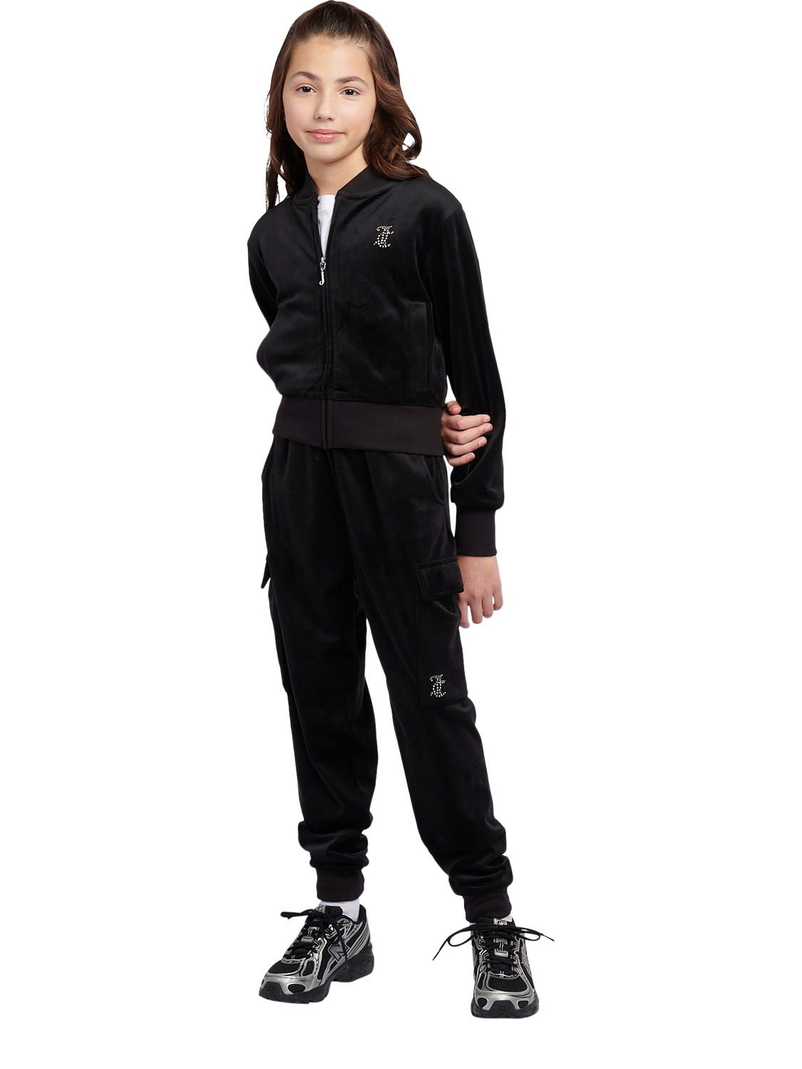Product image 2 of 9, which shows Juicy Couture Kids' Velour Cropped Zip Through Sweatshirt, Jet Black, 7-8 years