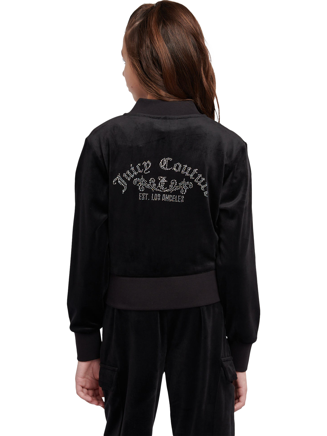 Product image 3 of 9, which shows Juicy Couture Kids' Velour Cropped Zip Through Sweatshirt, Jet Black, 7-8 years